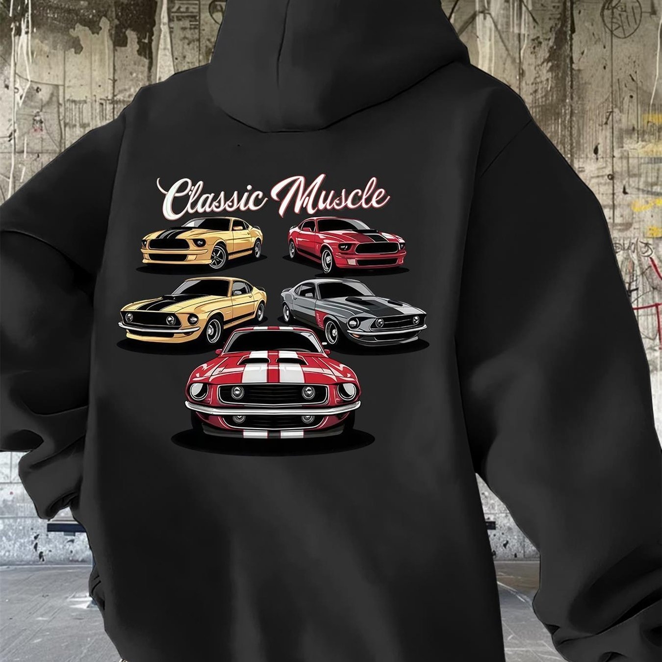 TEMU Car Back Print Hooded Sweatshirt Soft Slim Fit Pullover Hoodie Suitable For Automotive Enthusiasts Machine Washable Classic Muscle Car Text For