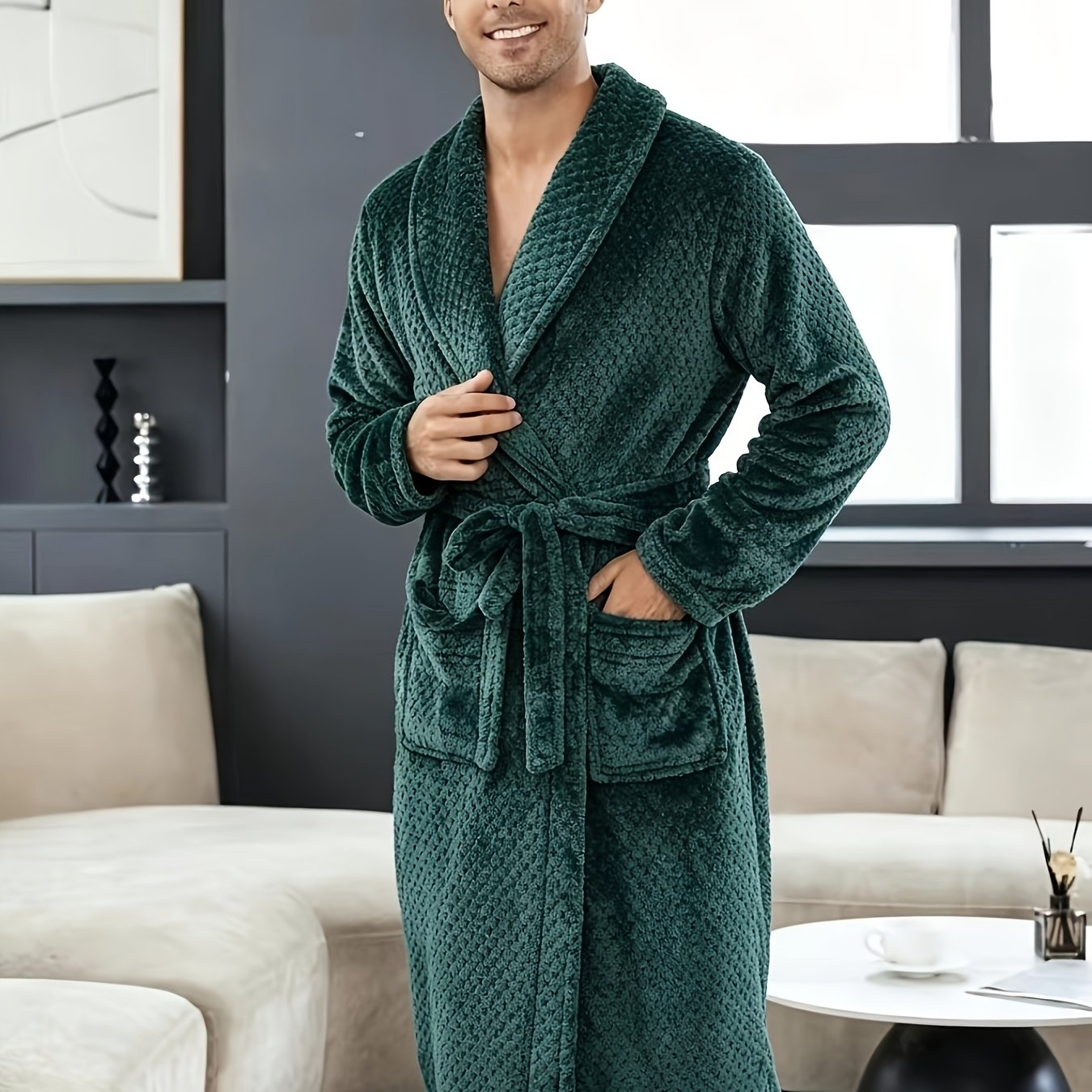 TEMU Men's Pineapple Fleece Bathrobe, Fits , Autumn Winter Long Plush Sleepwear, Shawl Collar Belted Robe With Pockets, Cozy Loungewear For Home