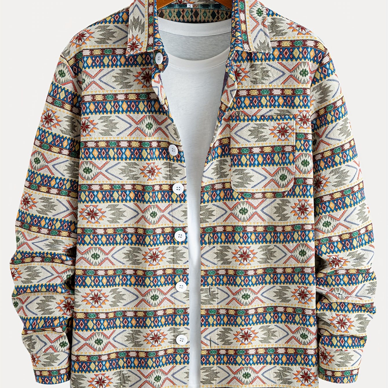 Image of Men's Woven Tweed Jacquard Striped Lapel Button-detail Cardigan Shirt Collar Jacket With Pockets, Men's Casual Sport Jacket