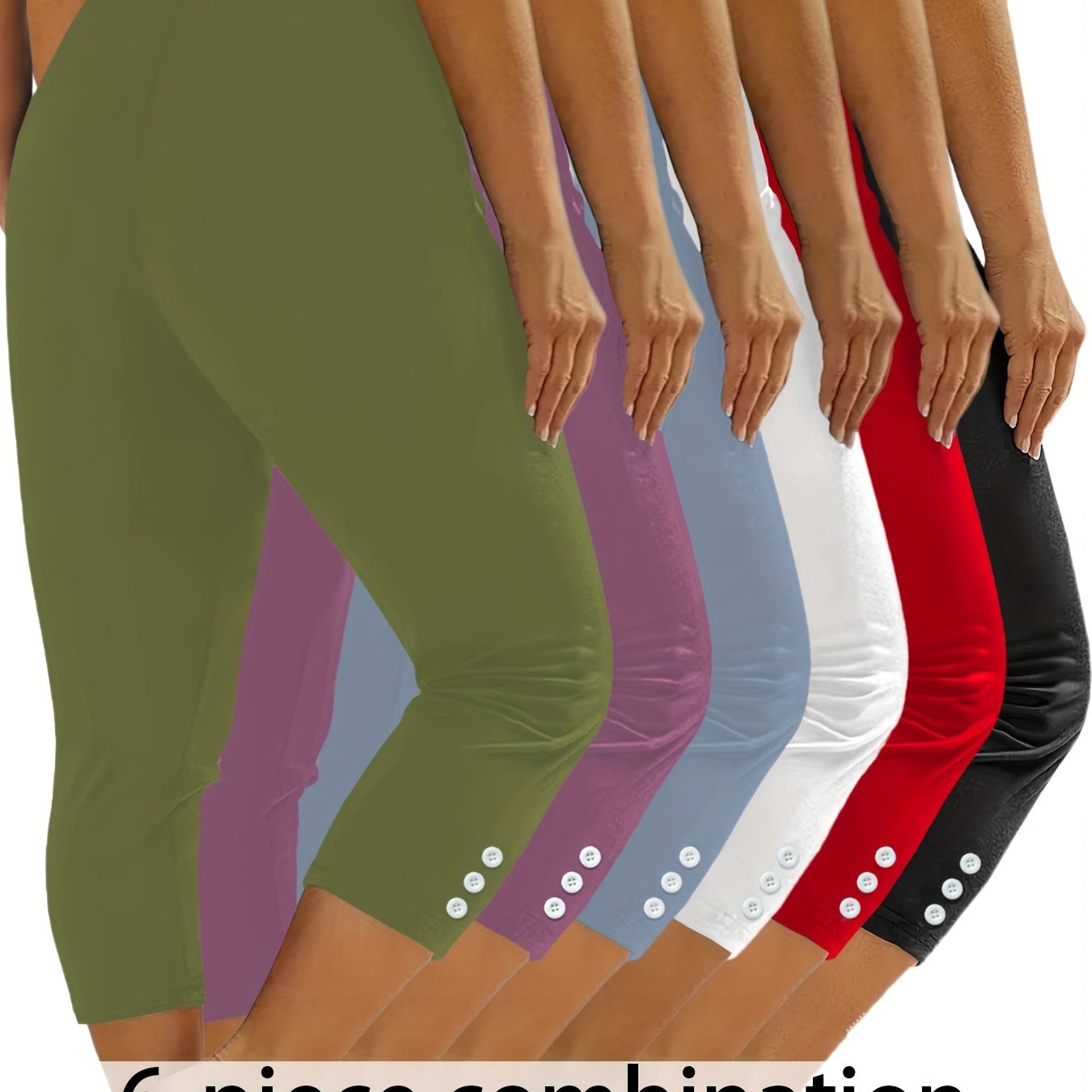Set Of 6 Women's High-waisted Stretch Leggings - Fitted Style, Elastic Waist With Button Feature, Made From Breathable And Elastane, Ideal For Yoga And Everyday Use, Washable In Machine