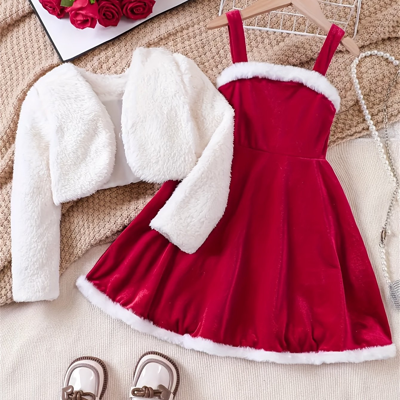 Image of Girls' Plush Cardigan + Camisole Dress Two-piece Set, Long-sleeved , Soft And Comfortable, Perfect For Spring, Autumn, Winter, Christmas, New Year, And Spring Festival Gifts