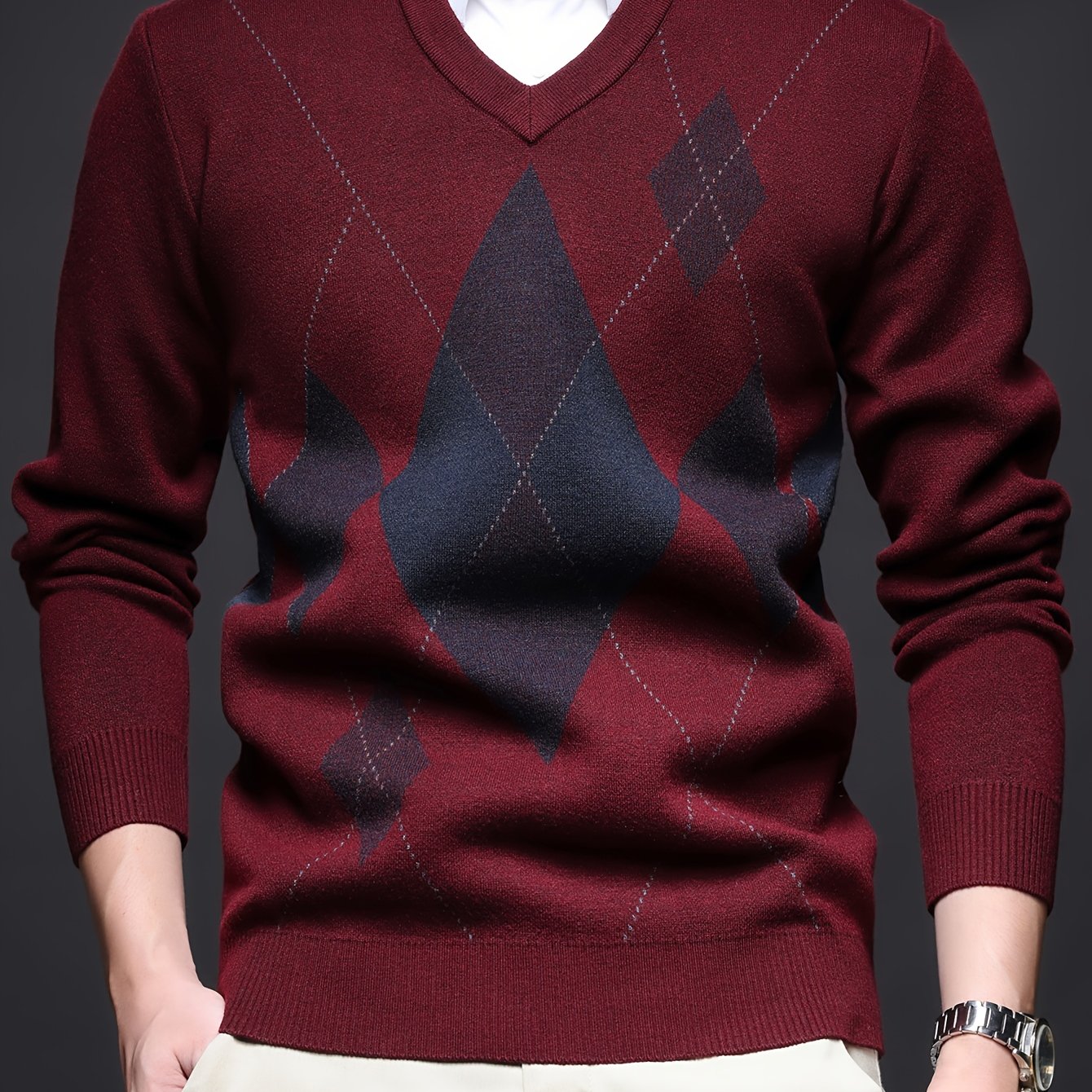 E-shop Herren Herbst- Winterdickpullover V-Ausschnitt Strickpullover Casual Einfaches Diamantmuster Strickoberteil