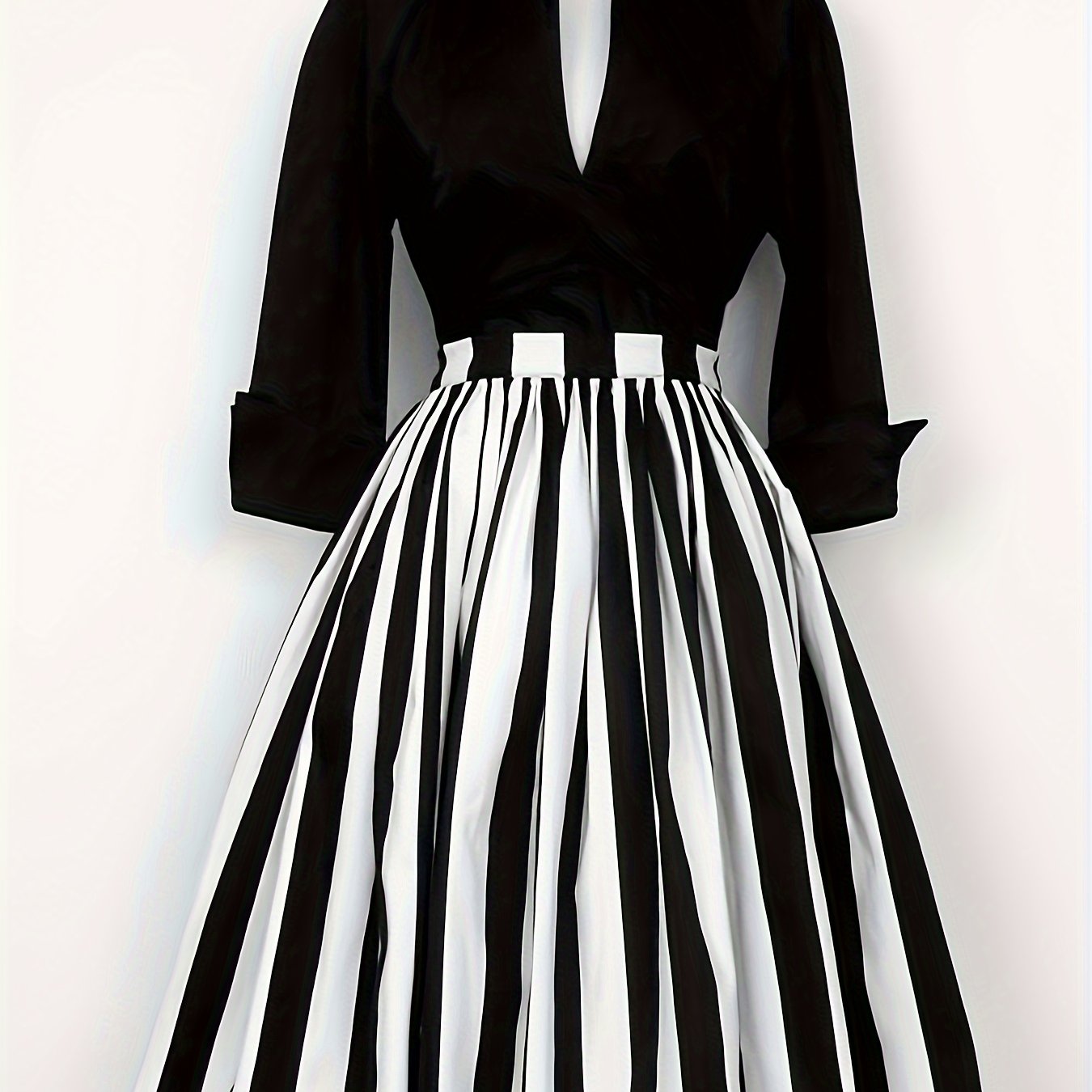 TEMU Elegant Striped V-neck Dress For Women - Chic Color Block, Long Sleeve, A- With Belt Detail - Perfect For Spring And Fall