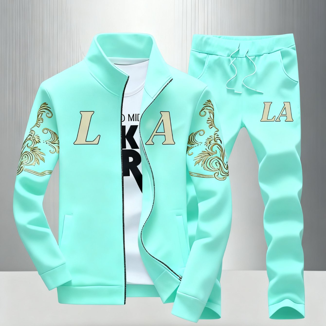 2pcs Men's Casual La Logo Jacket And Sweatpants Set - 3d La Lettering, Wear, Collar, Zip-up Jacket And Jogger Pants, Perfect For Halloween/christmas/valentine's Day (gray/multi-colors ), Plus Size