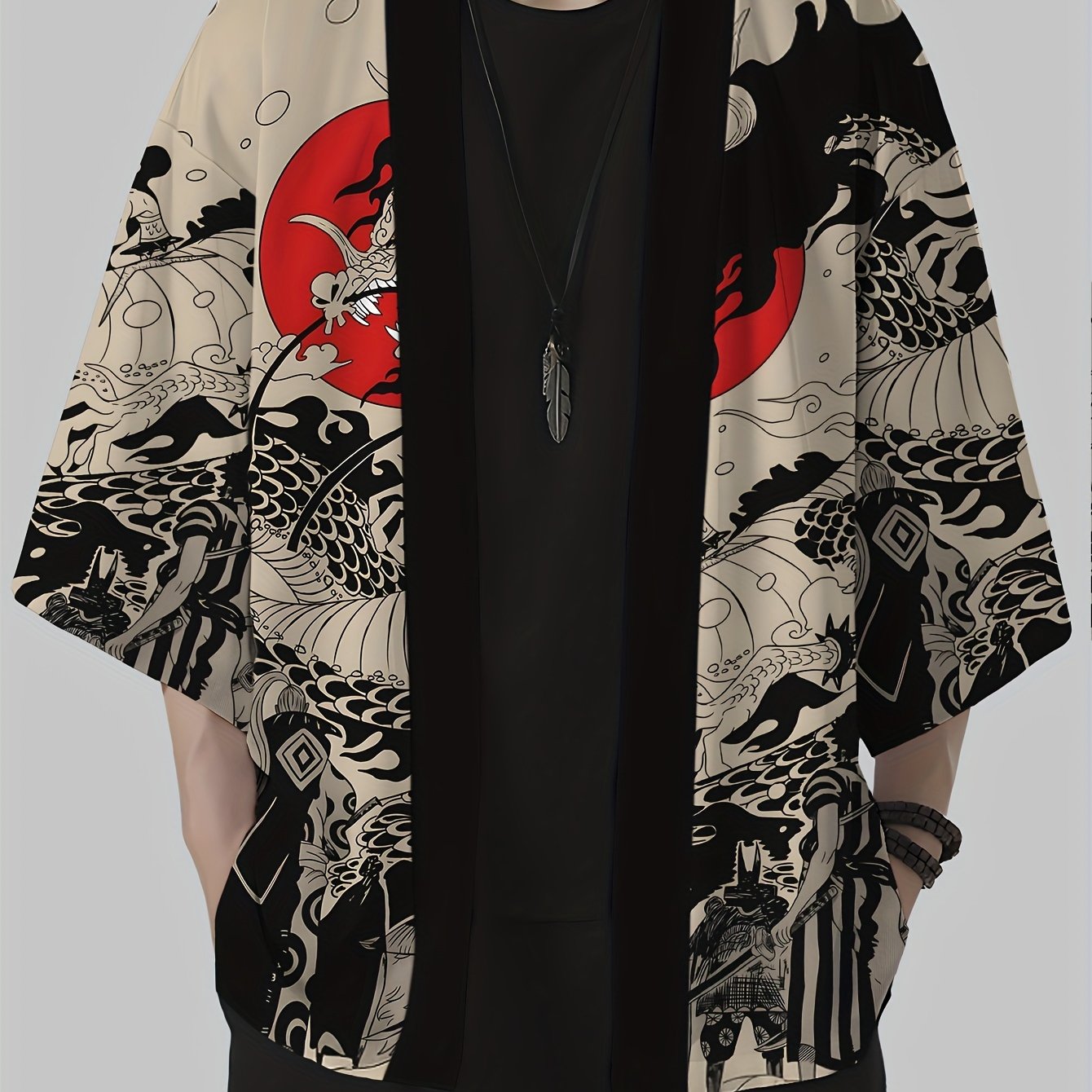 E-shop Herren Vintage Drachen-Print Kimono-Cardigan - Lockere Passform, Sonnenschutz, Polyester, Lässiger Sommerstil, Maschinenwaschbar