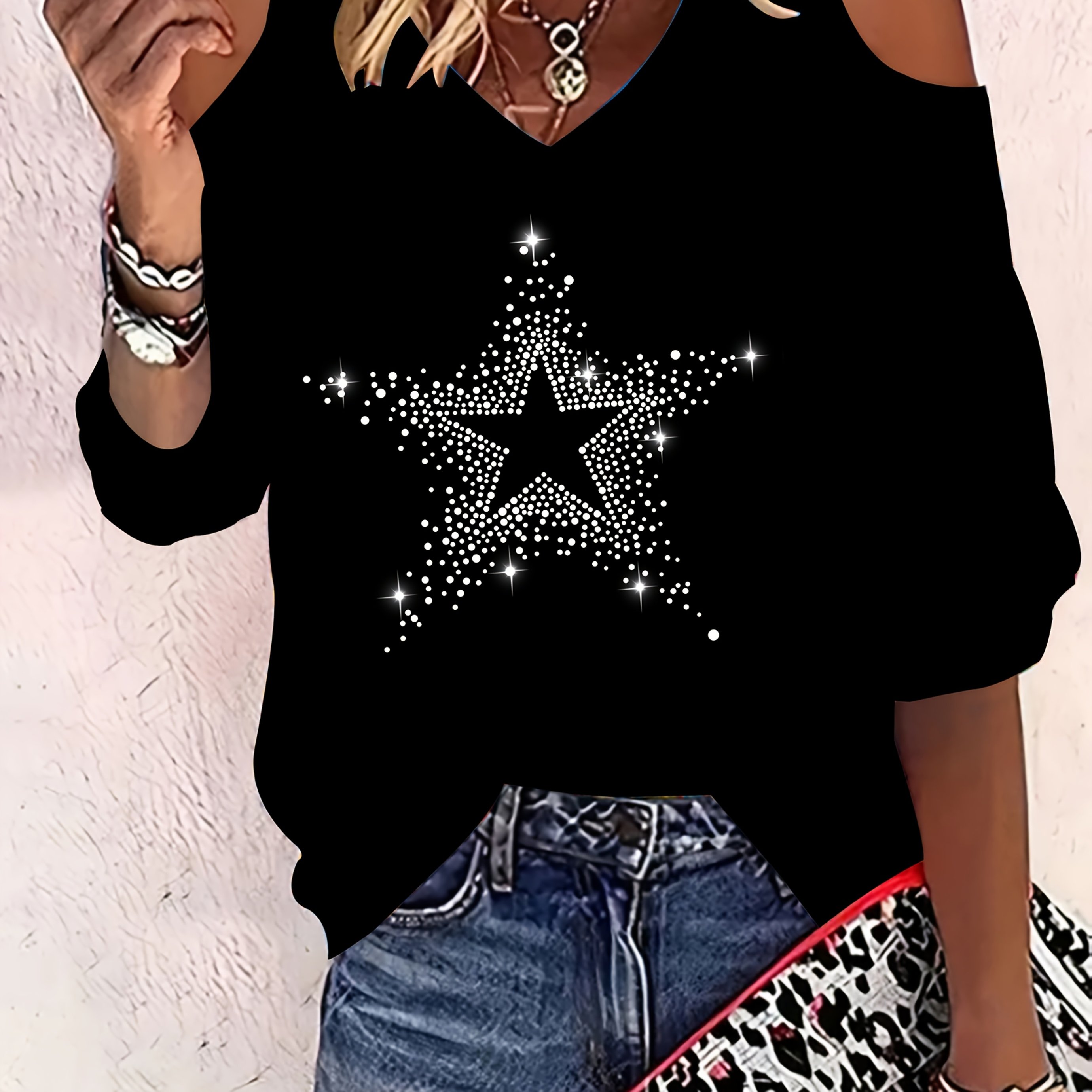 Image of Elegant Directional Women's V-neck Sparkling Star Rhinestone T-shirt Fashion V-neck Off-shoulder Rhinestone Women's Top