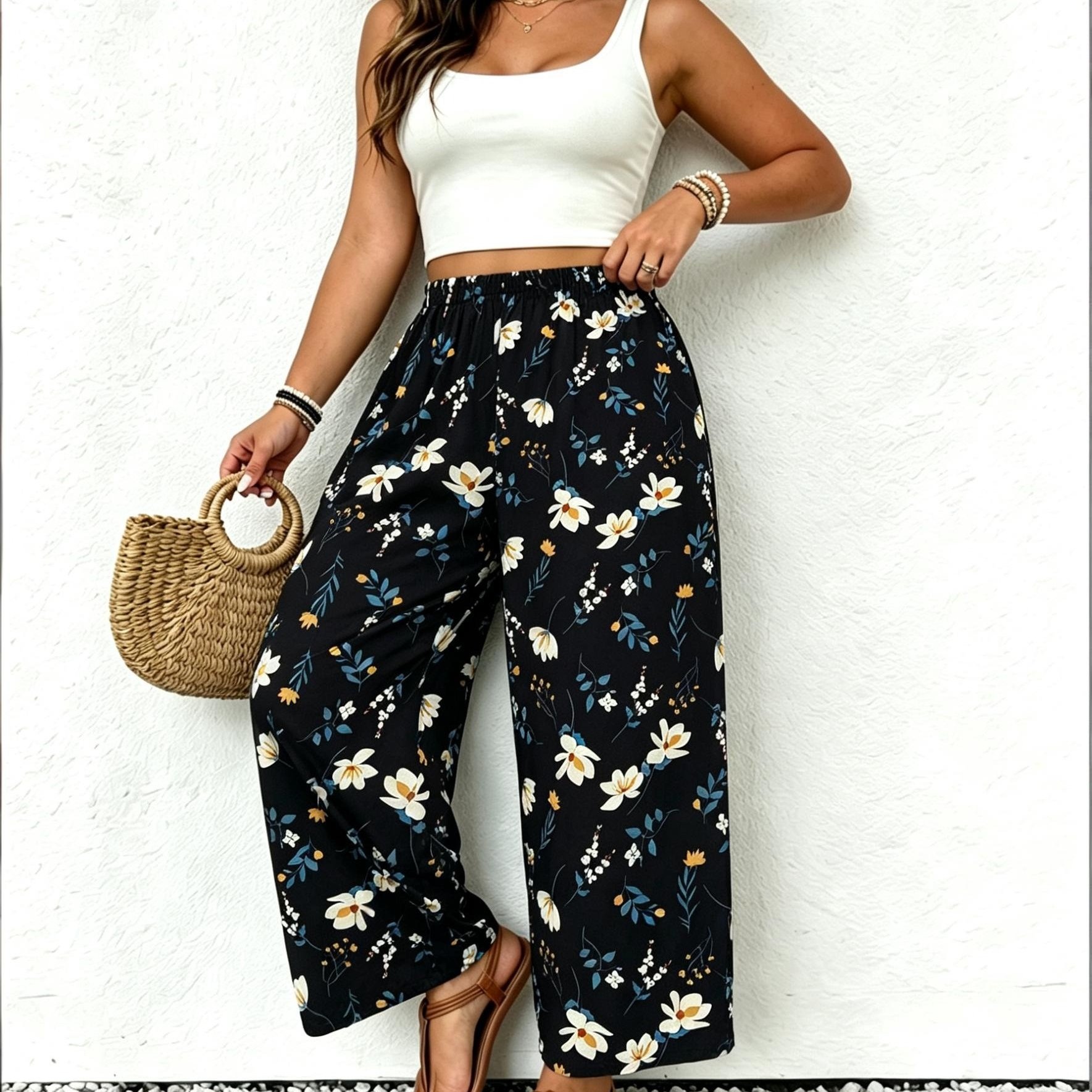 TEMU Plus Size, Women's Plus-size Elastic Mid-rise Straight-leg Trousers - Print Wide-leg Pants Suitable For Casual & Professional Wear, Loose Fit
