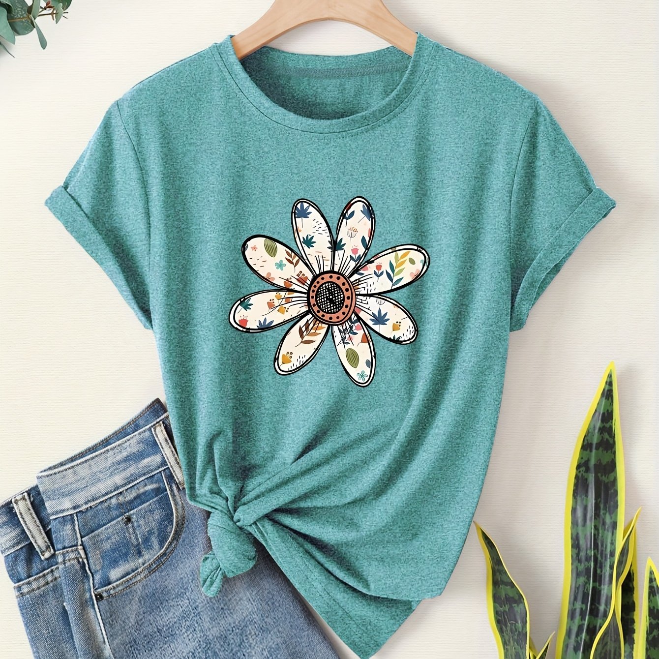 TEMU Fashionable Vintage Style Women's Casual Sports Short-sleeve T-shirt With Colorful Daisy Prints