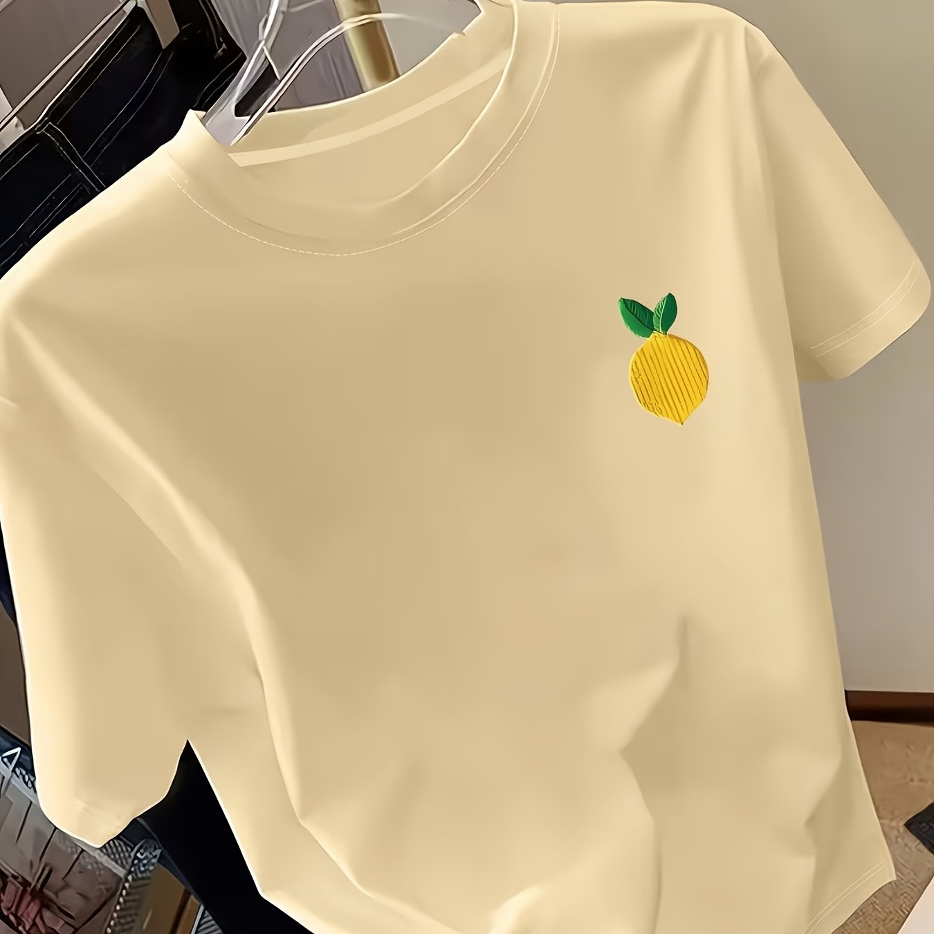 E-shop T-Shirt mit Zitronenmuster-Druck, Frühling Sommer – Lässiges Kurzarm-Top mit Rundhalsausschnitt, Damenbekleidung, ein Must-have für