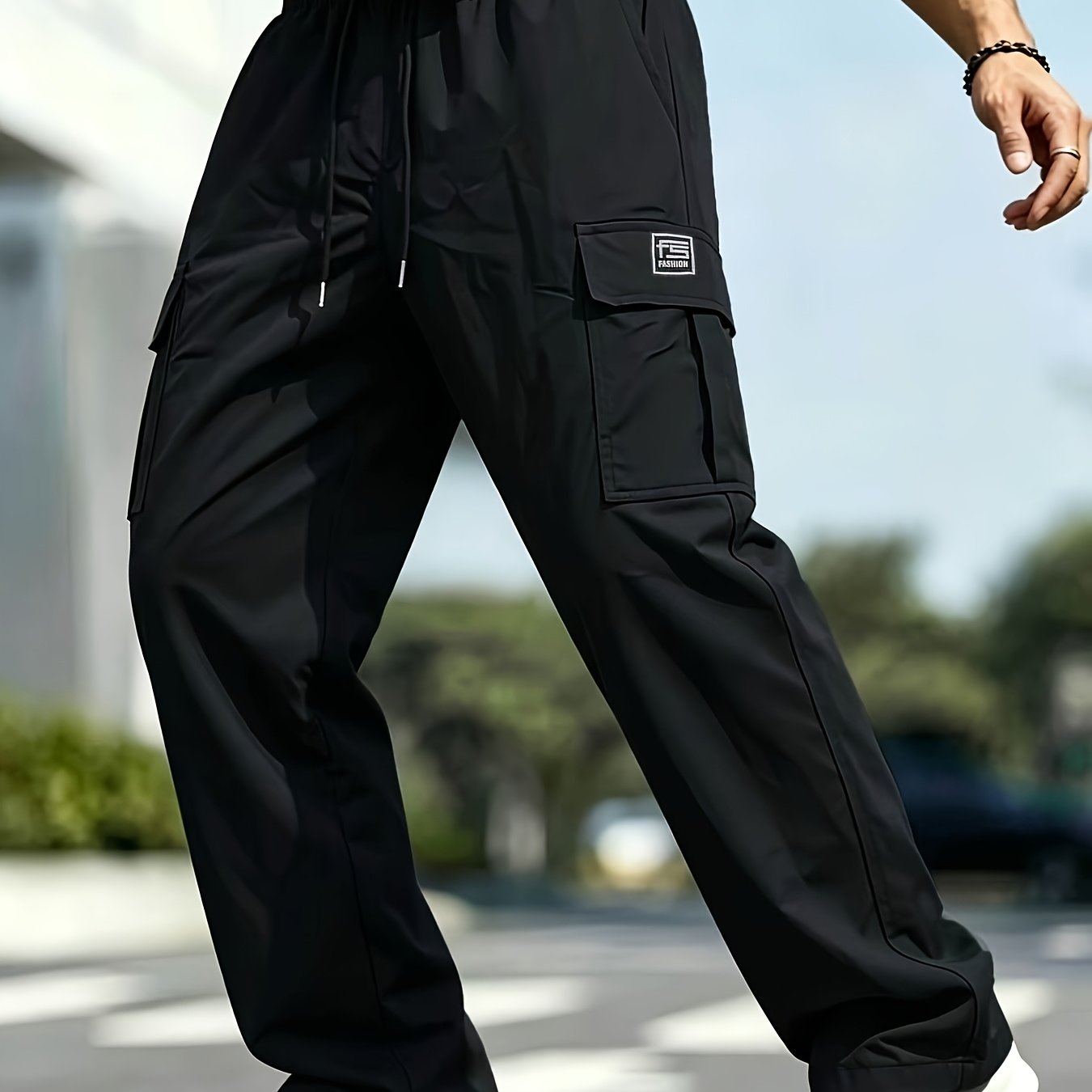 TEMU Pantalon cargo décontracté pour homme à jambe droite, avec cordon de serrage élastique et multiples poches, style