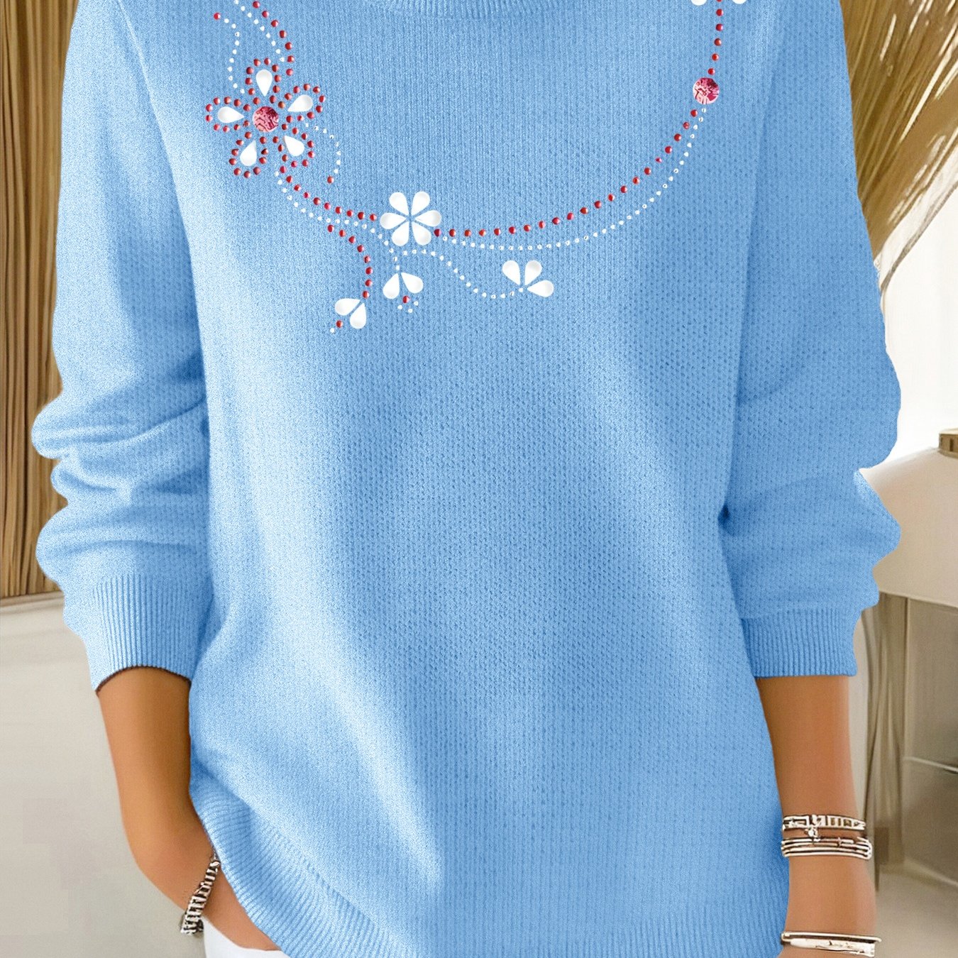 TEMU Ladies' Versatile Fine-needle Sweater For Commuting, Comfortable And Soft Micro-elastic Fabric, Printed Pattern Long-sleeved Sweater