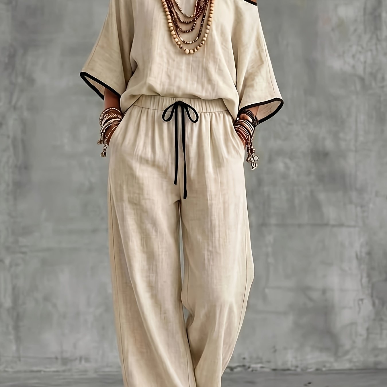 TEMU Elegant Commuter Contrast Color Stitching Design, Asymmetric Shoulder Loose Top, With Straight Pants, Pockets, Solid Fabric, Women's 2pcs Set