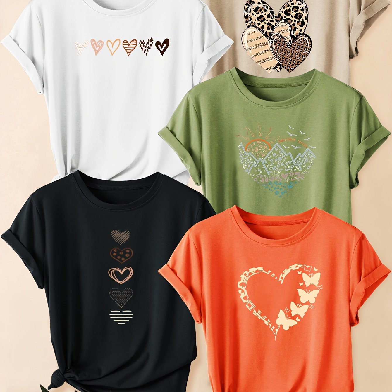 TEMU 5pcs Set Short Sleeve Leopard Print Heart Combination Round Neck Casual Loose Summer T-shirt Plus Size Fashion Vacation Daily Versatile Top