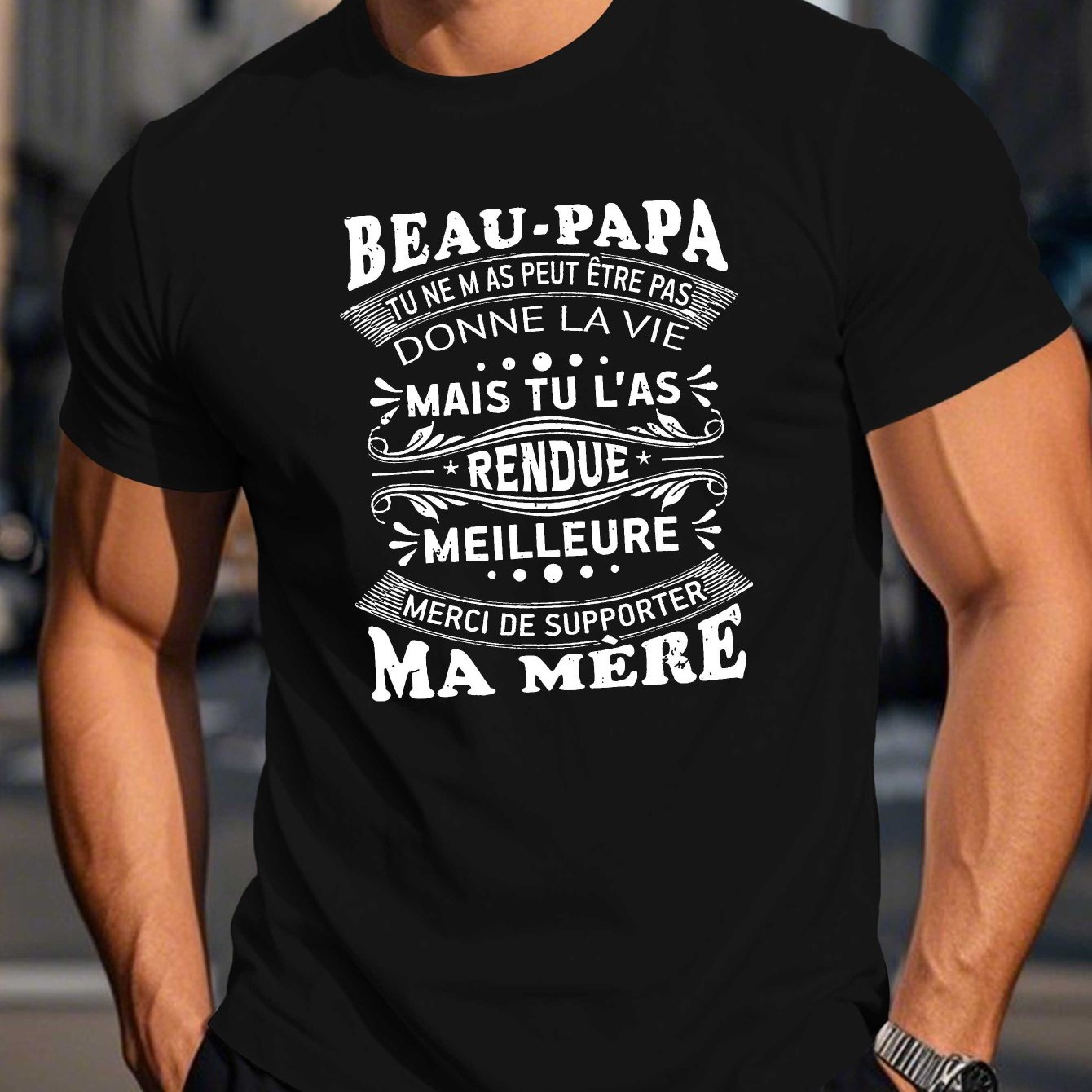 TEMU T-shirt amusant pour homme avec humour français - Design "-Papa" avec de cœur et d'étoiles, haut d'été noir décontracté, coupe standard, tissu