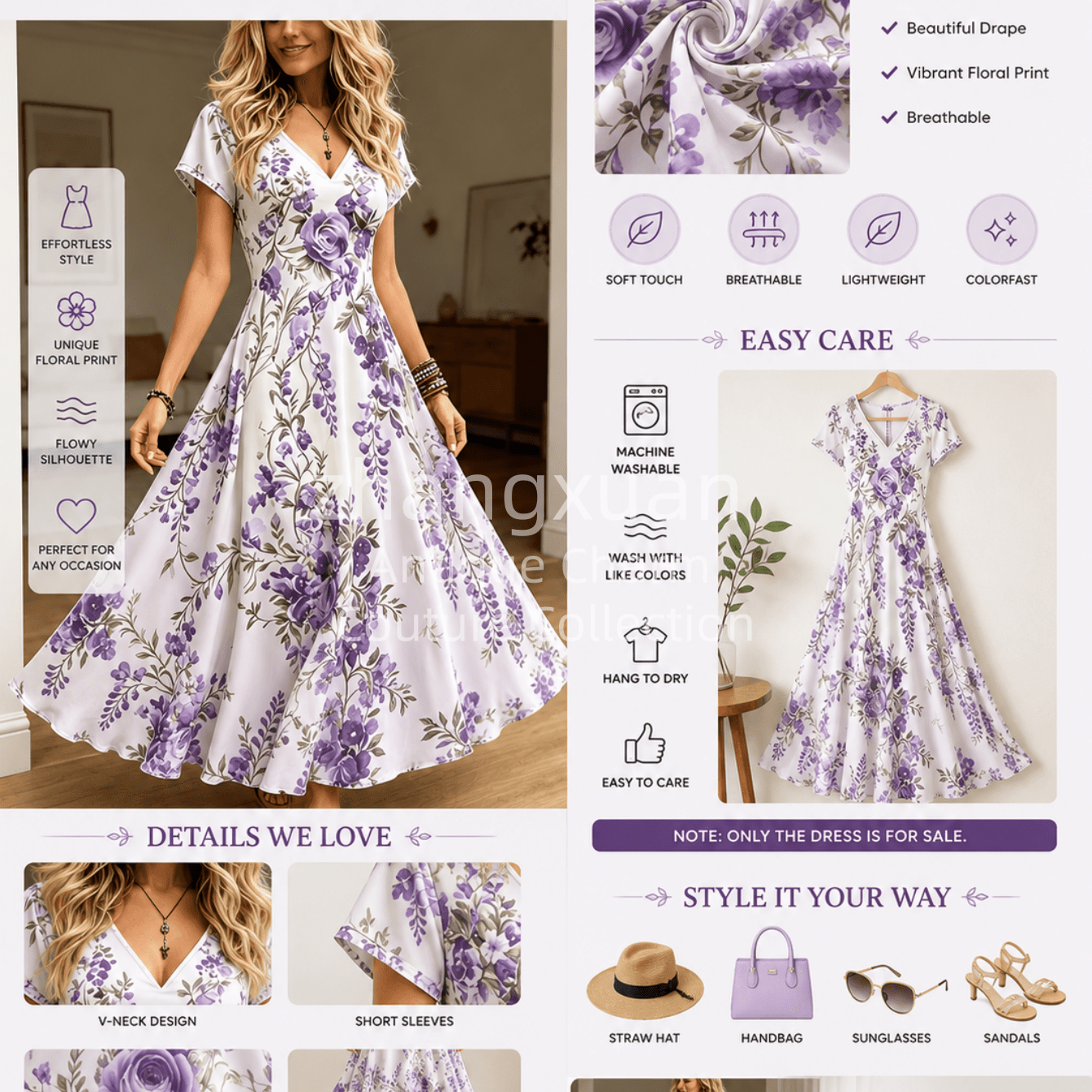 Image of New Women's V-neck Purple Floral Long Dress, Short-sleeved A-line Flowing Casual Summer Long Dress