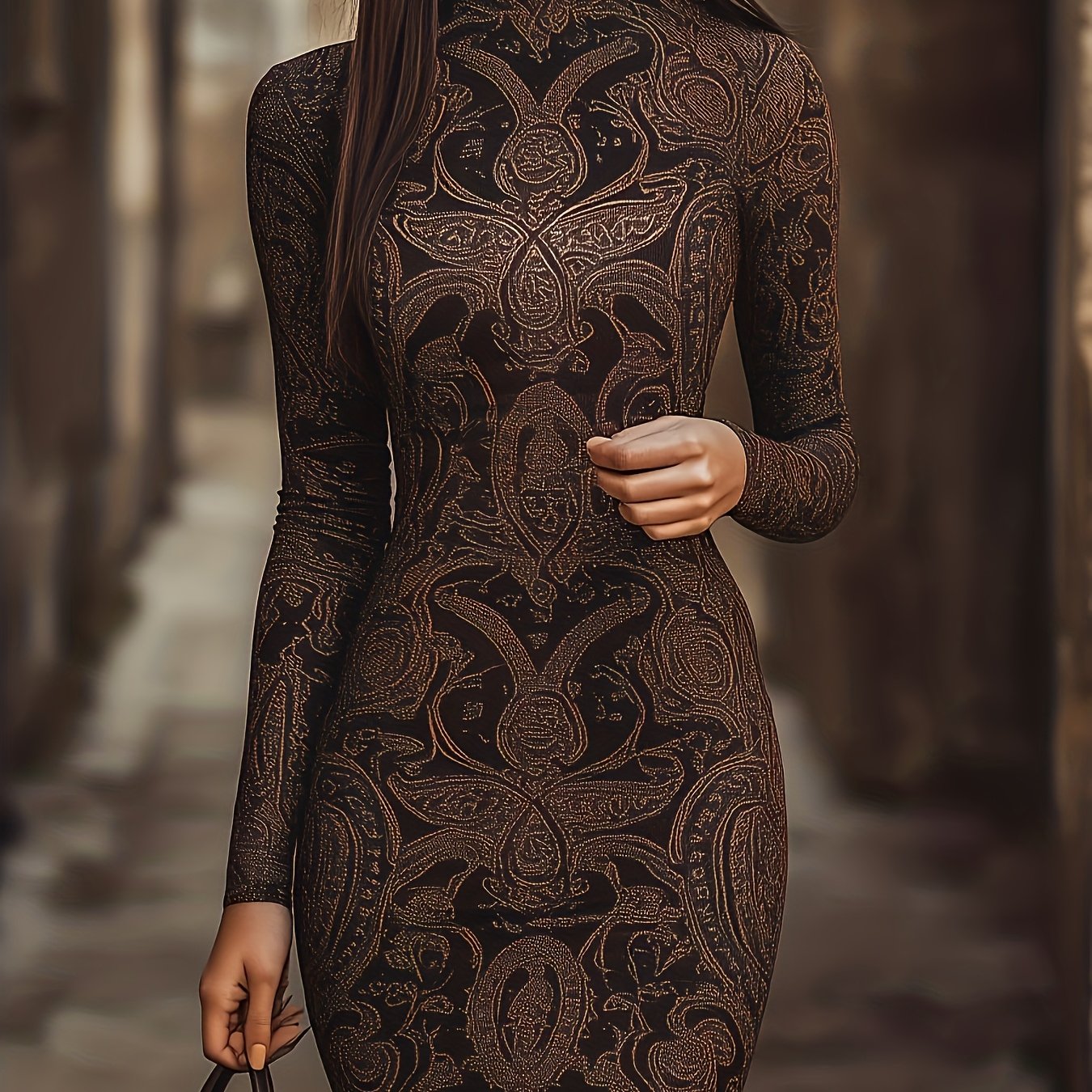 Image of Elegant Floral Print Fitted Dress In Dark Tones For Women, Embodying A Dark Feminine Style
