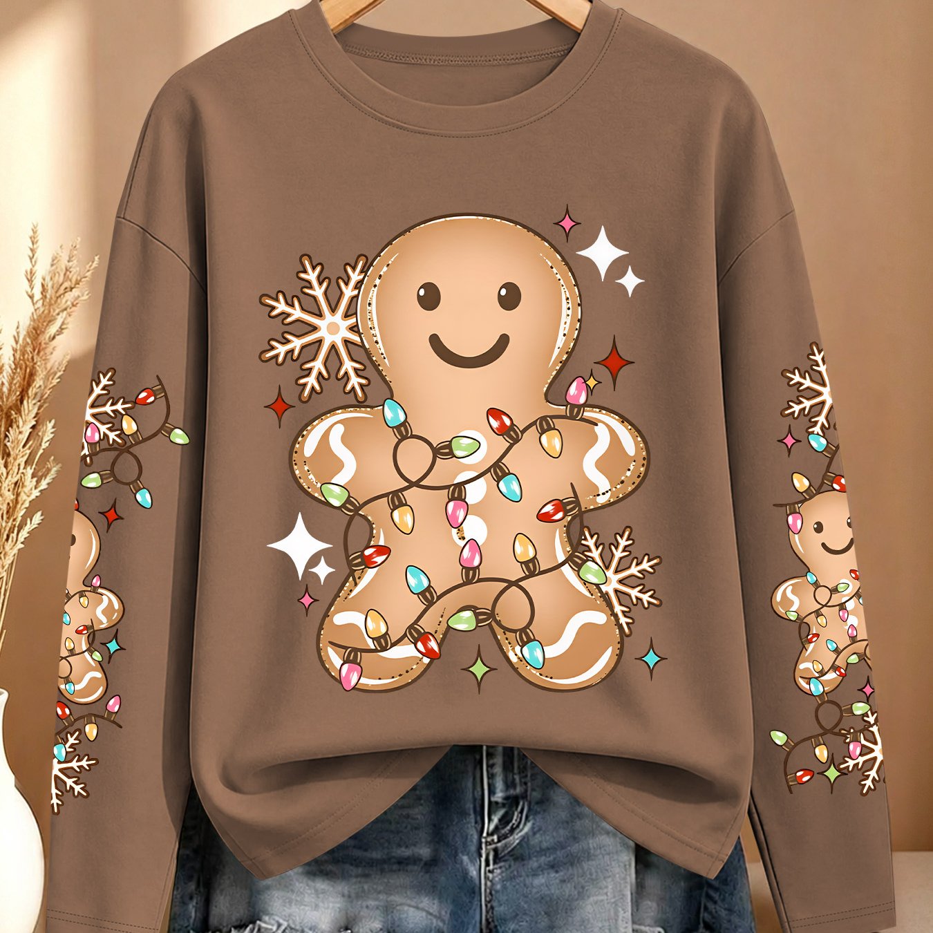 TEMU [christmas] Plus Size Women's Autumn Clothing, Gingerbread Man Lantern Snowflakes Multi-sleeve Printed Long Sleeve T-shirt, Sport Casual