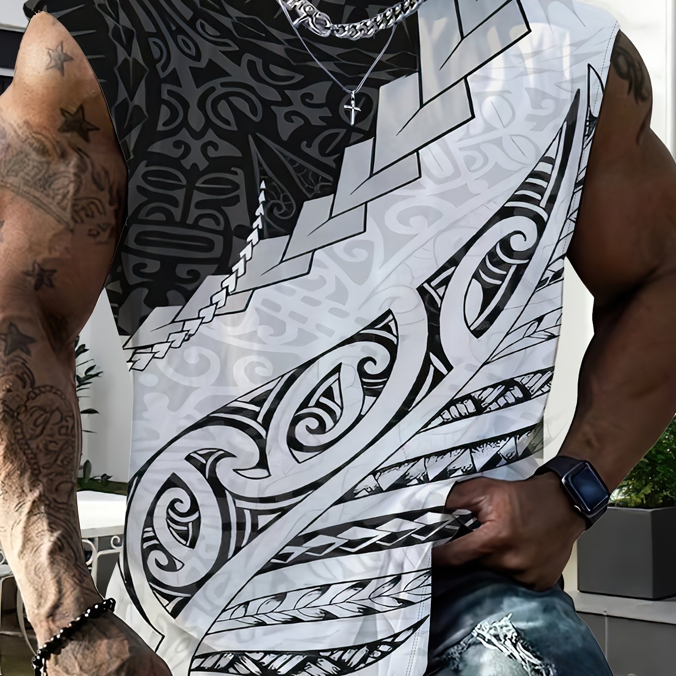 TEMU [printed Design - Not Textured] Men's Athletic Geometric Pattern Breathable Mesh Vest - Loose Fit Sleeveless Top For Summer, Black And White