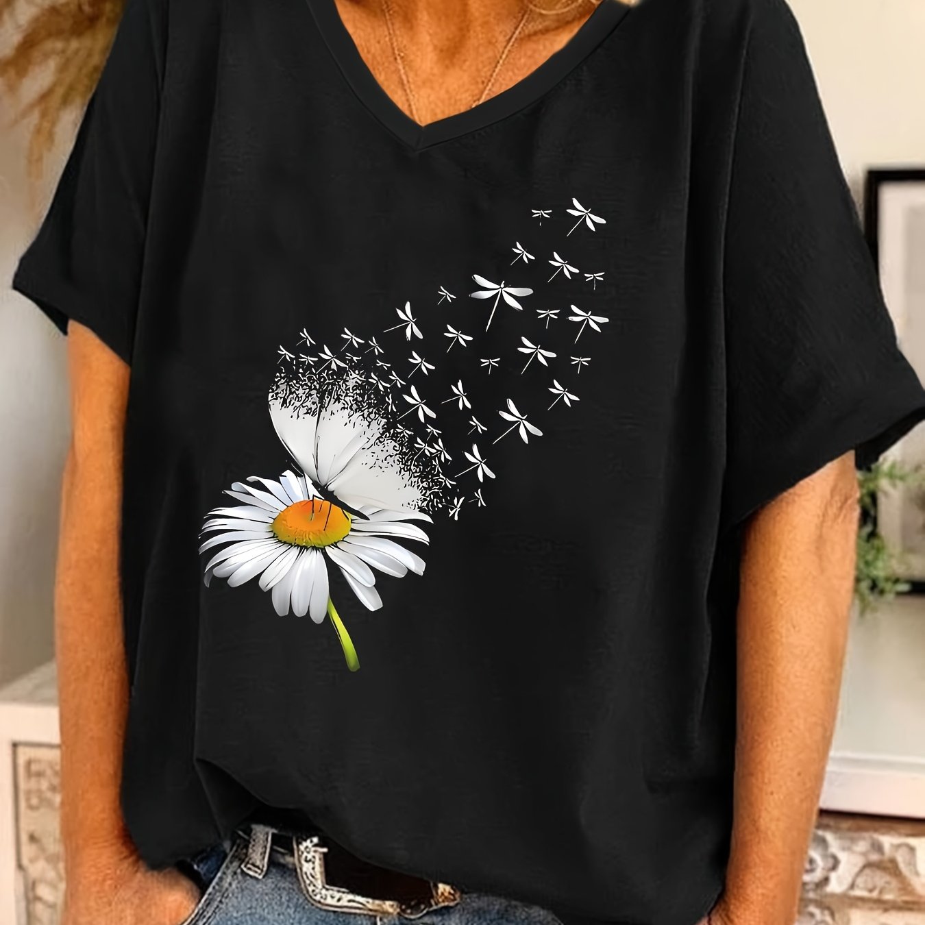 Image of Plus Size, Plus Size Women's V-neck T-shirt Floral & Dragonfly Print, Batwing Sleeves, Wear