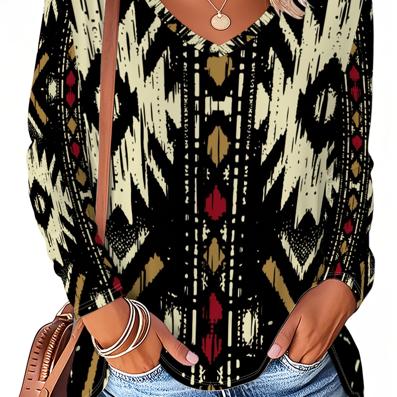 TEMU Plus Size, Plus Size Women's V-neck Long Sleeve T-shirt, Black Top With Ethnic Geometric Diamond Totem Print, Bohemian Exotic , For Daily