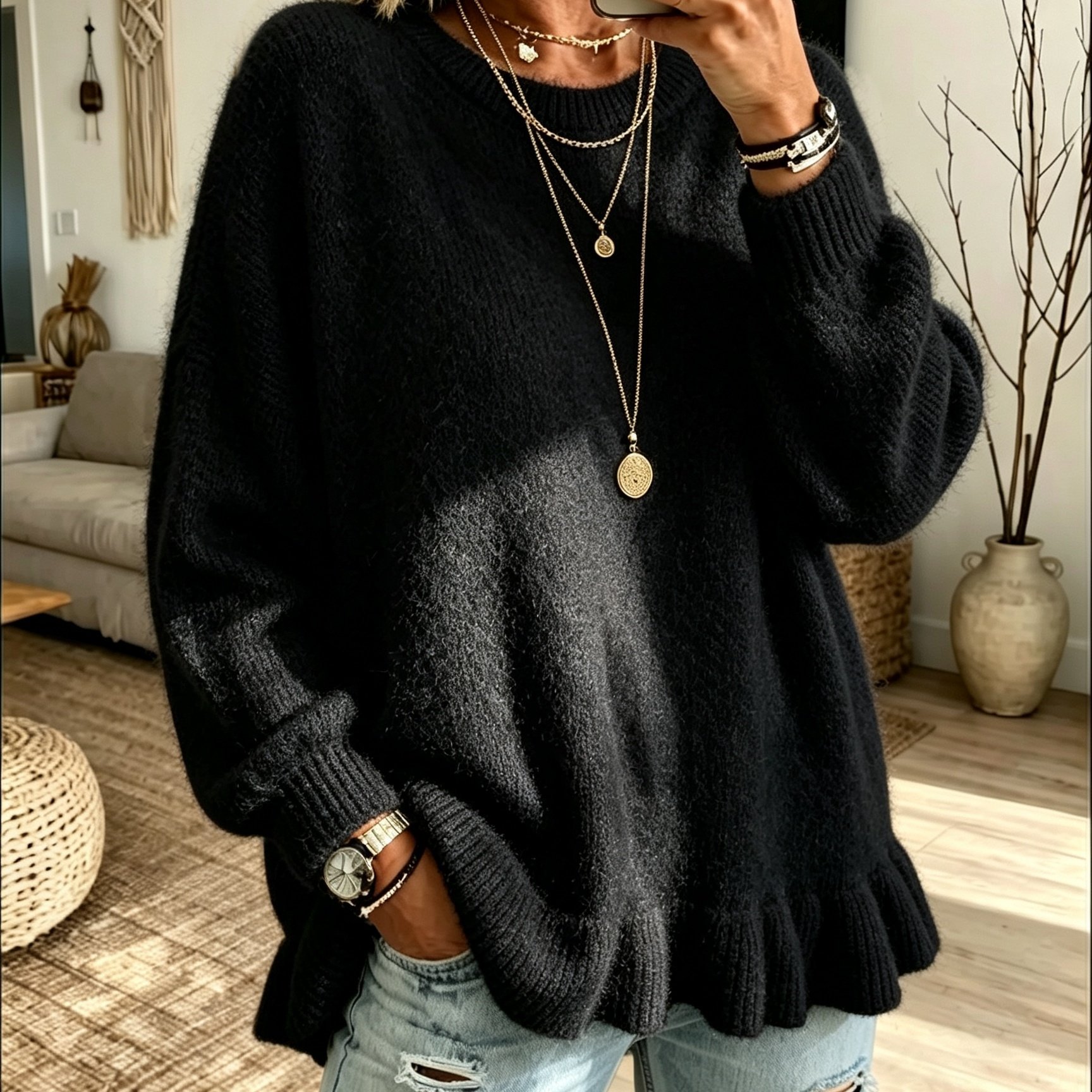 TEMU Plus Size, Plus Size Women's Autumn/winter European And American New Style Solid Color Long Sleeve Round Neck Pullover Sweater, Elegant Solid