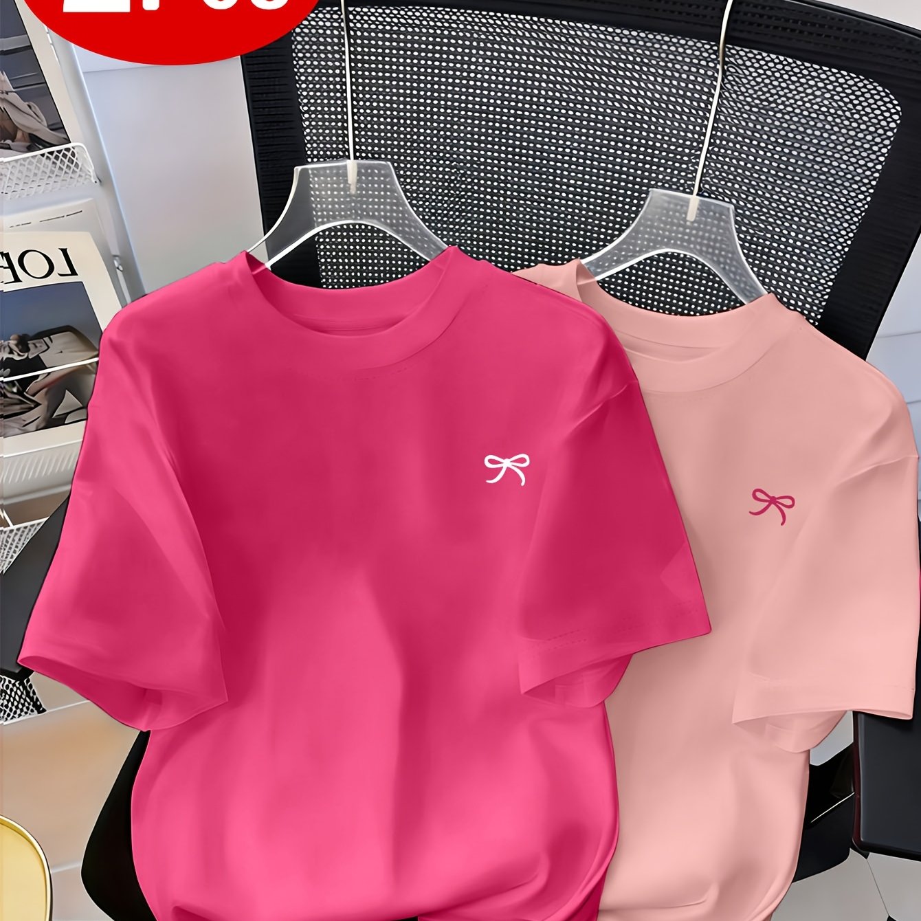 TEMU Spring/summer New Arrival Fashionable And Round Neck Two-pack Women's Everyday Versatile Casual And Comfortable Short-sleeve T-shirt With Bow