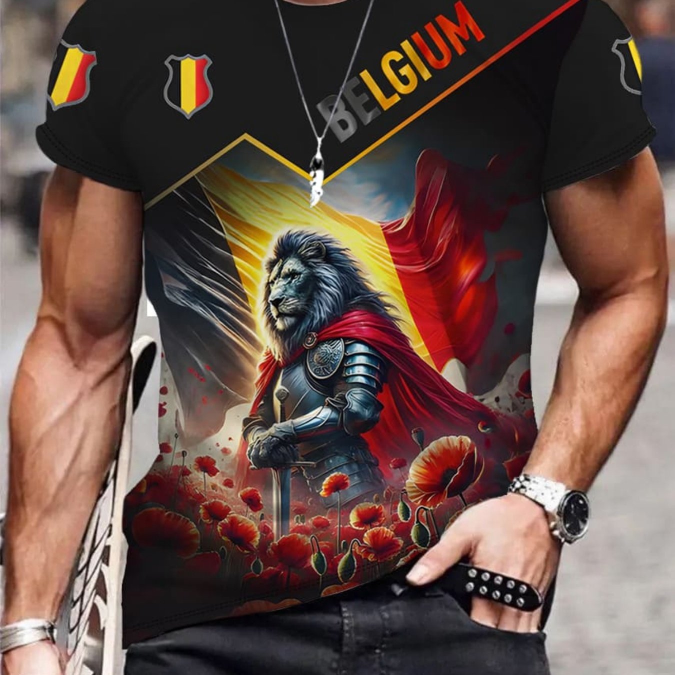 TEMU Men's Fashion Belgium Theme 3d Printed Short Sleeve T-shirt Trendy Lion Pattern Loose Casual Top Summer New Breathable Half Sleeve||