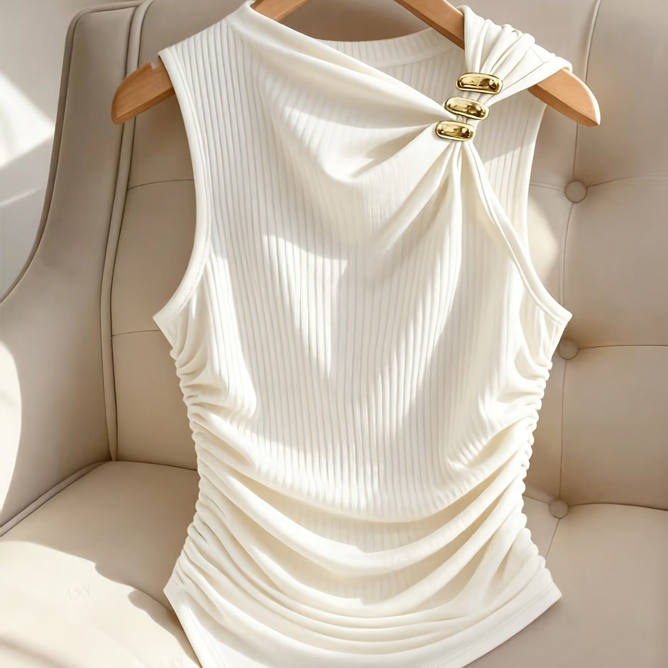 TEMU Women's Metallic Decorative Ribbed Solid Elegant Sleeveless Top