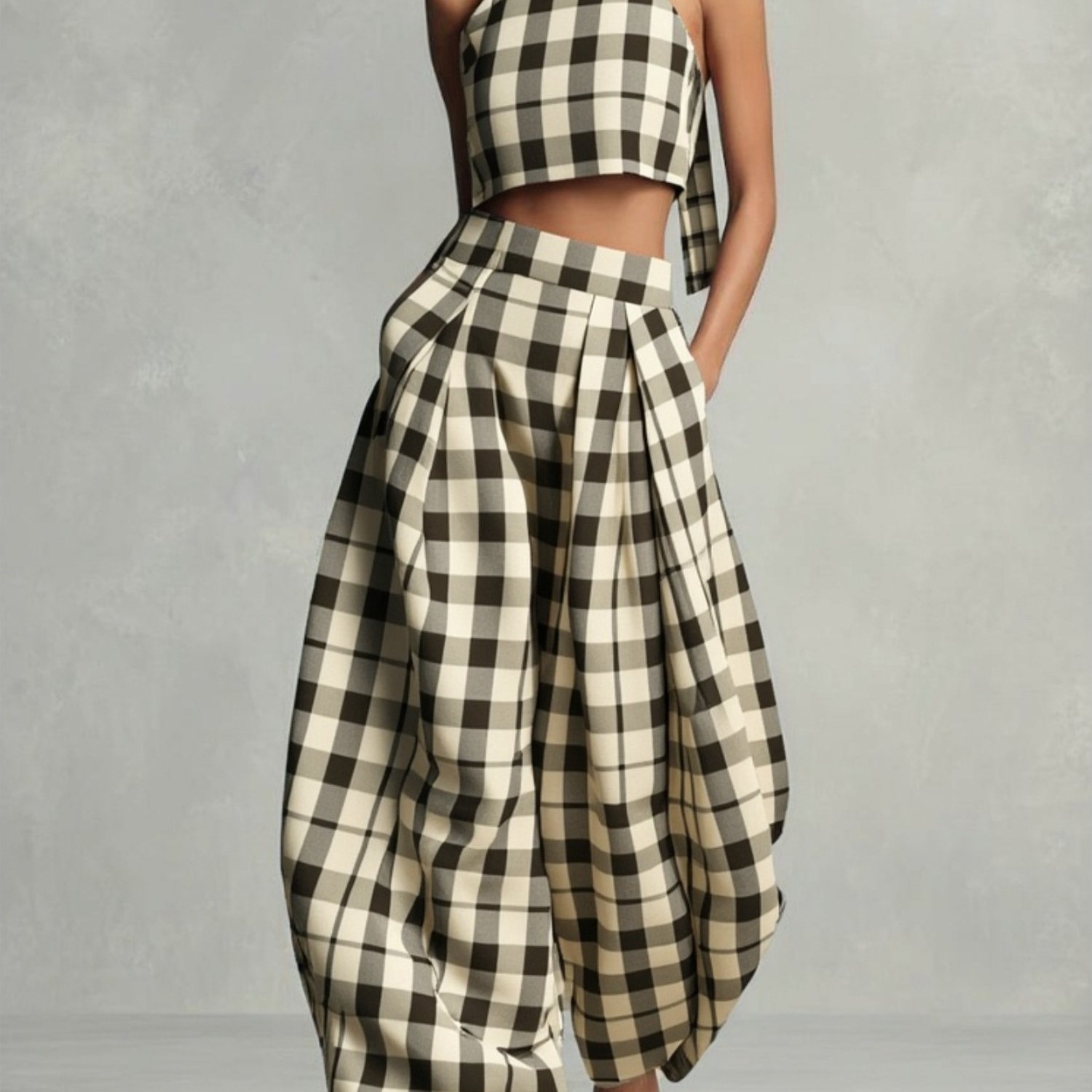 Image of Beige-brown Plaid Halter Crop Top & Wide-leg Lantern Pants Set | Retro Elegant Mature , Suitable For Date Dinners, , Daily And More