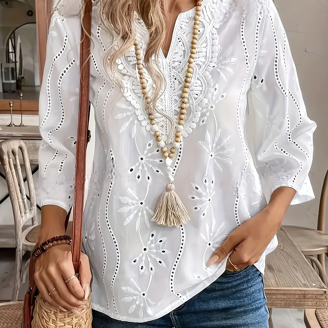 TEMU Elegant Notched V-neck Women's Shirt