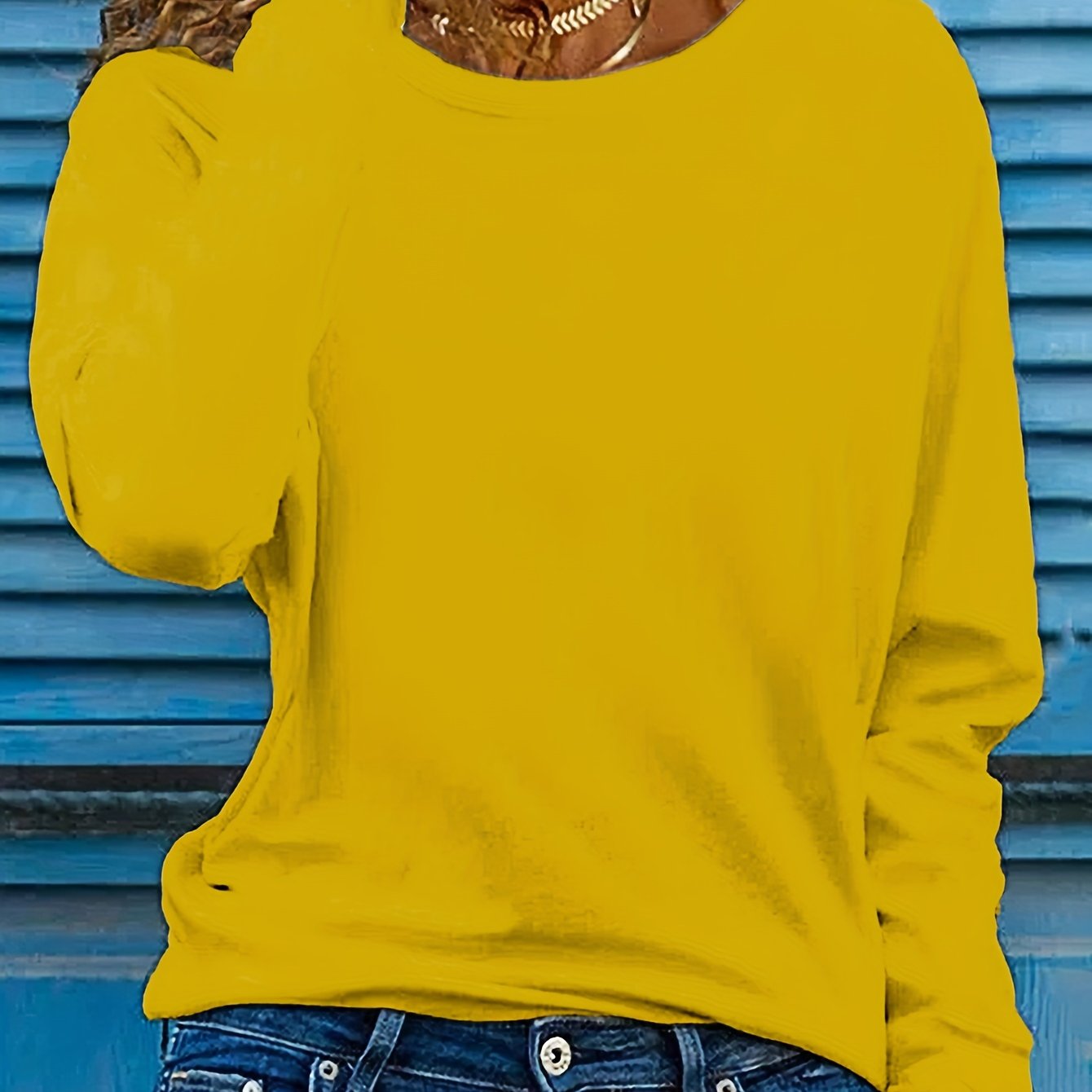 TEMU Camiseta de color liso, top casual de larga y cuello para y otoño, ropa de mujer