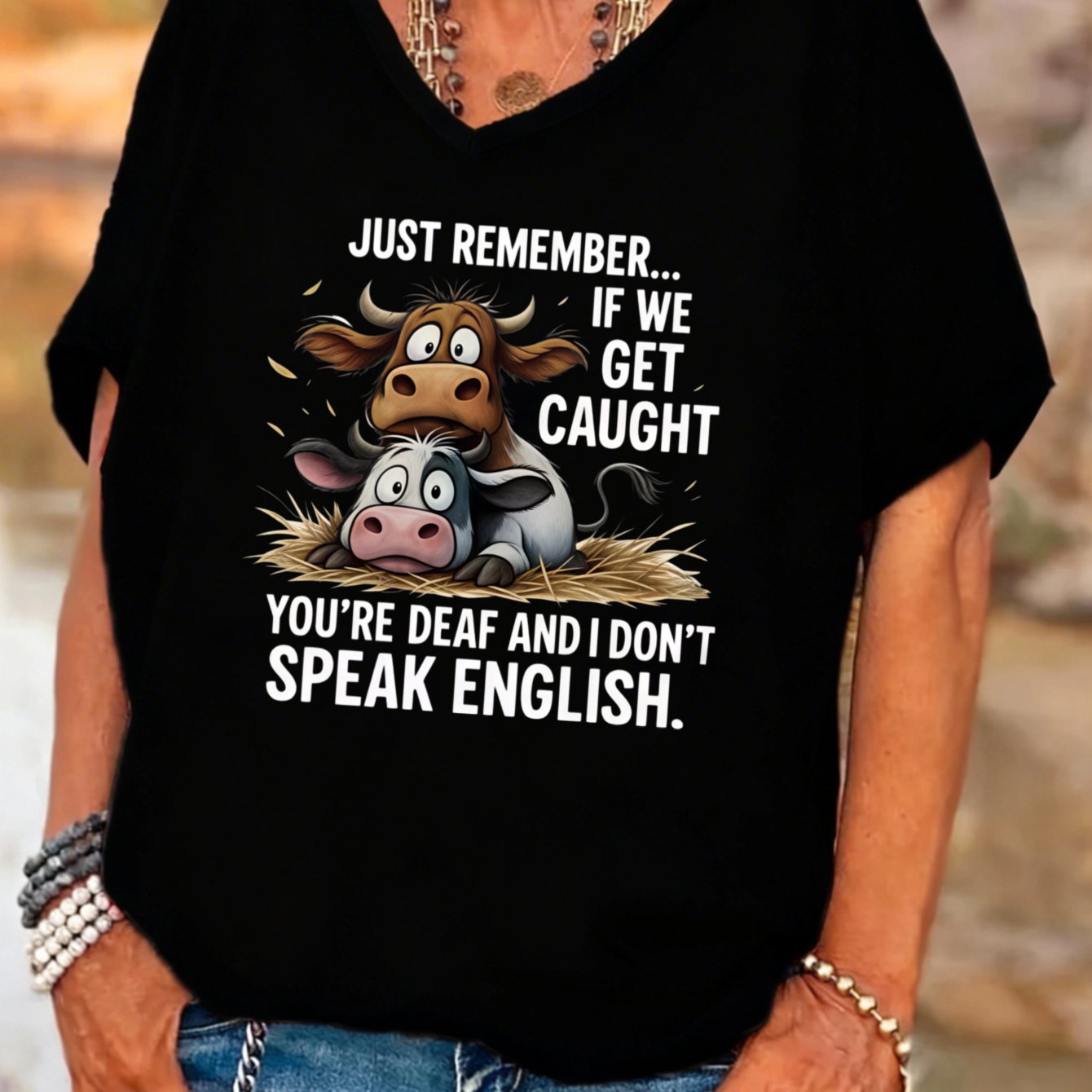 TEMU Plus Size Women's V-neck Batwing Sleeves T-shirt Cow And Bull Cartoon With Funny Text Get You're Deaf And 't Summer Outfit For Gifts