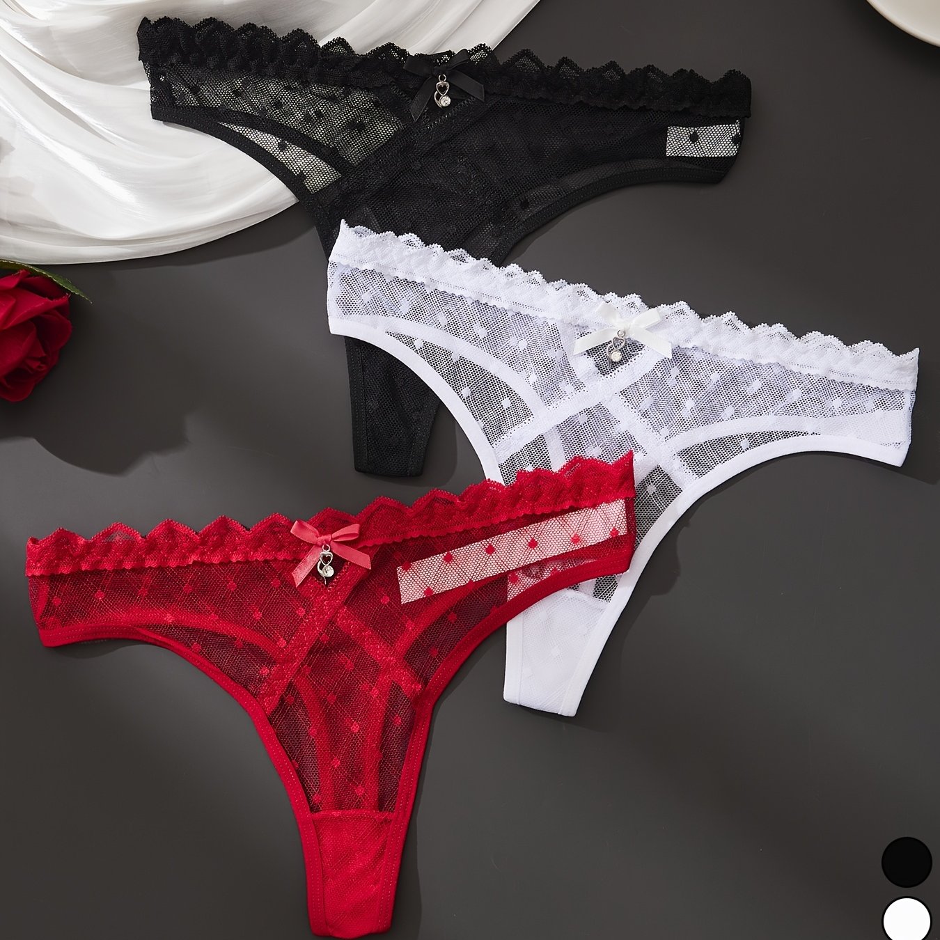 TEMU 3pcs Dorsu Women's Sexy Low-rise Lace Thong Panties - Breathable Mesh-paneled Bikini Underwear With Pendants, -string Suitable For Beach, Casual
