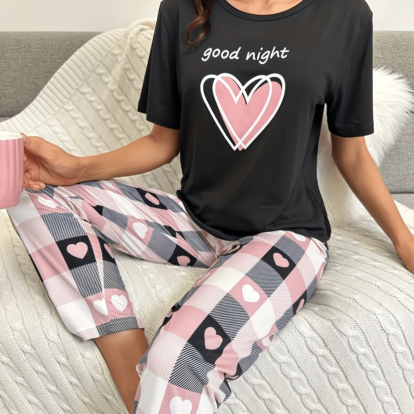 Image of Women's Autumn/winter 2pcs Pajama Set, Casual Heart-themed Comfortable Loungewear, Loose Round Neck Short Sleeve Top And Elastic Waistband Pants, Elegant Holiday Sleepwear, Perfect Gift