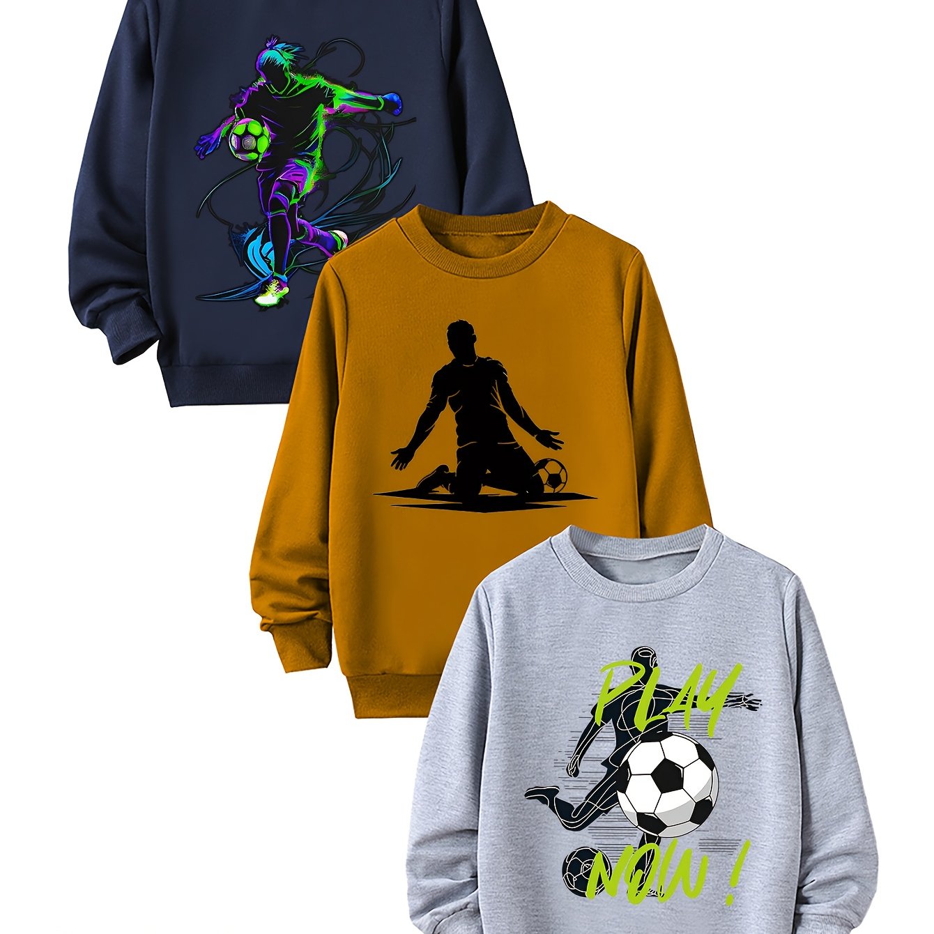 E-shop 3er-Set Jungen Langarm-Sweatshirt mit Rundhalsausschnitt "Fußball-Silhouette Kombi" für Frühling/Herbst