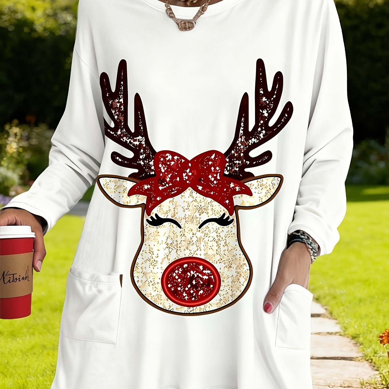 TEMU Plus Size - Plus Size - White Long-sleeve Plus-size T-shirt With Red Bow Tie Reindeer Print, Featuring A Unique With Double Pockets And A Round