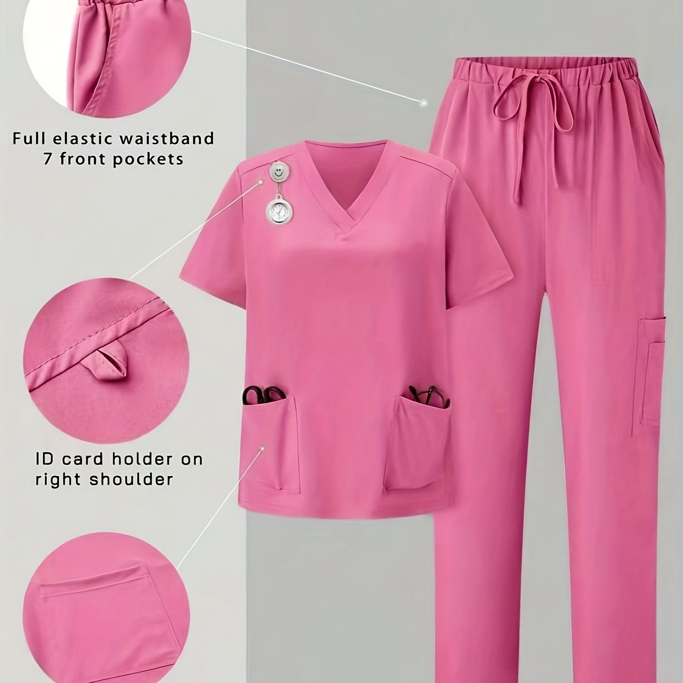 E-shop Uniform-Reinigungsset mit einfarbigem V-Ausschnitt-Kurzarm-Oberteil und Hosen mit Kordelzug