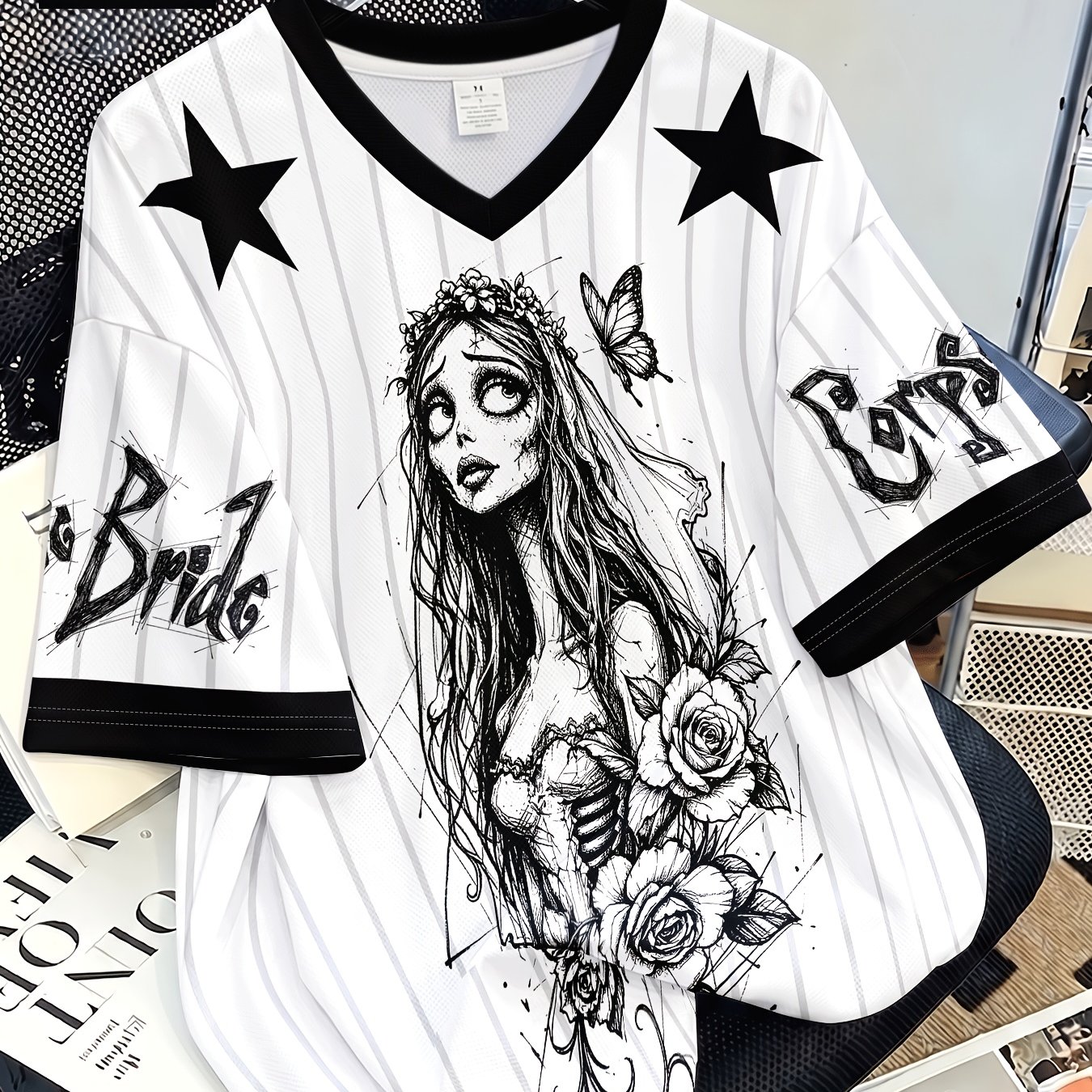 TEMU Plus Size, Wb Women's Themed T-shirt - Plus Size V-neck Short Sleeve Vintage Gothic Top With Iconic Print, Machine Washable Casual Wear Suitable