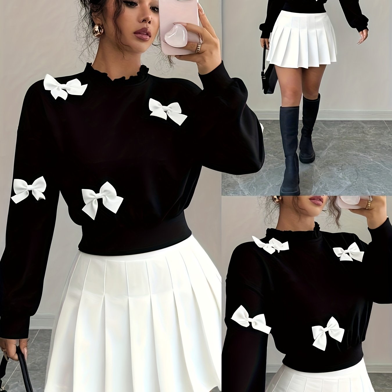 E-shop Neues Damen-Herbst/Winter-Mode-Minimalistisches Cropped-Sweatshirt mit Schleifen-Dekor, Neues Herbst/Winter-Mode-Sweatshirt