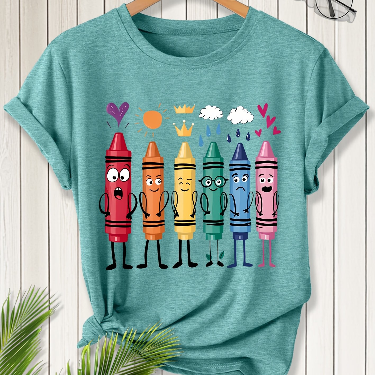 TEMU T-shirt élégant pour femme à manches courtes, col rond, avec imprimé crayon de couleur de dessin animé, adapté et à l'été, , confortable, doux,