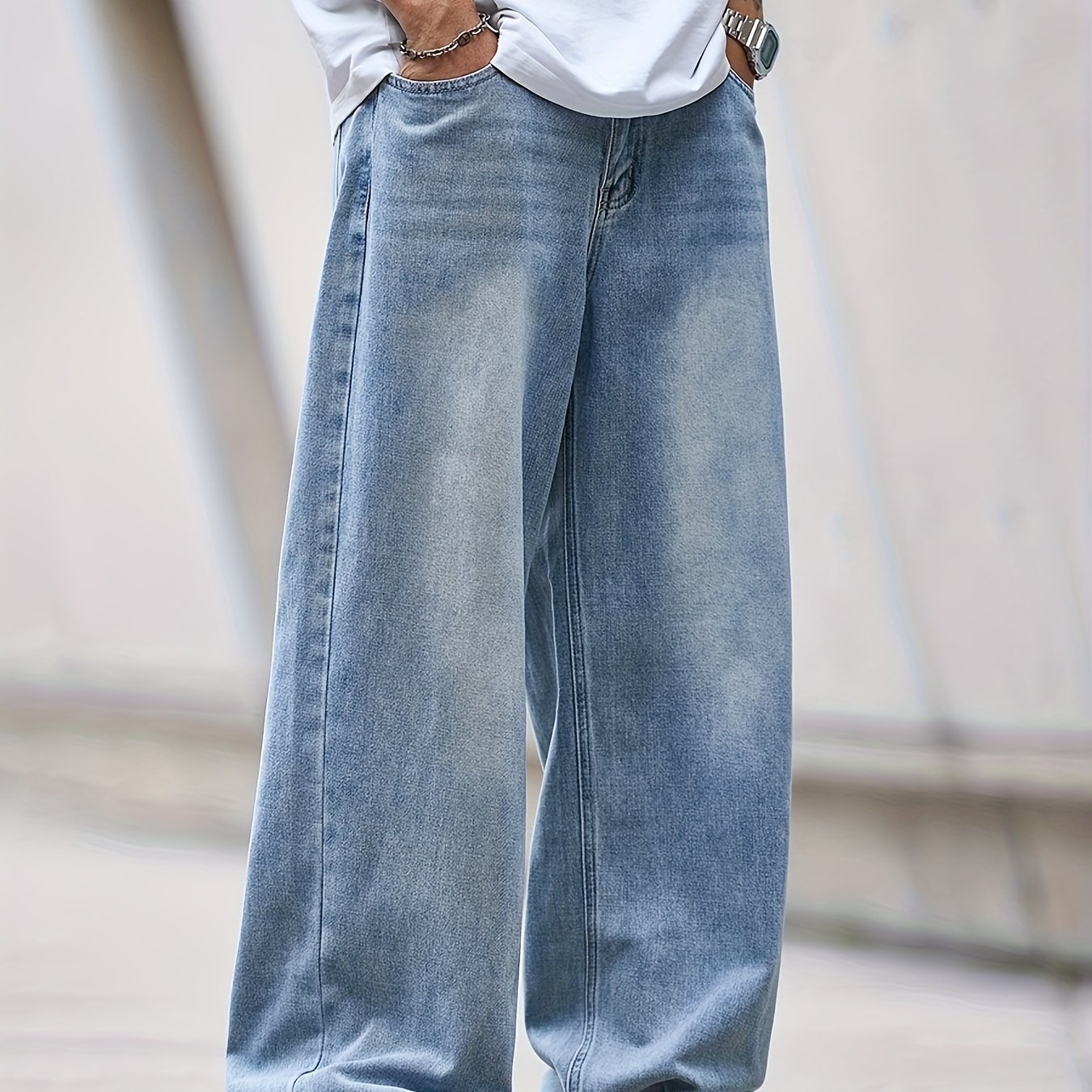 Image of 1pc Street Loose Fit Retro Washed Casual Wide-leg Pants, Unisex (no Belt/accessories Included)