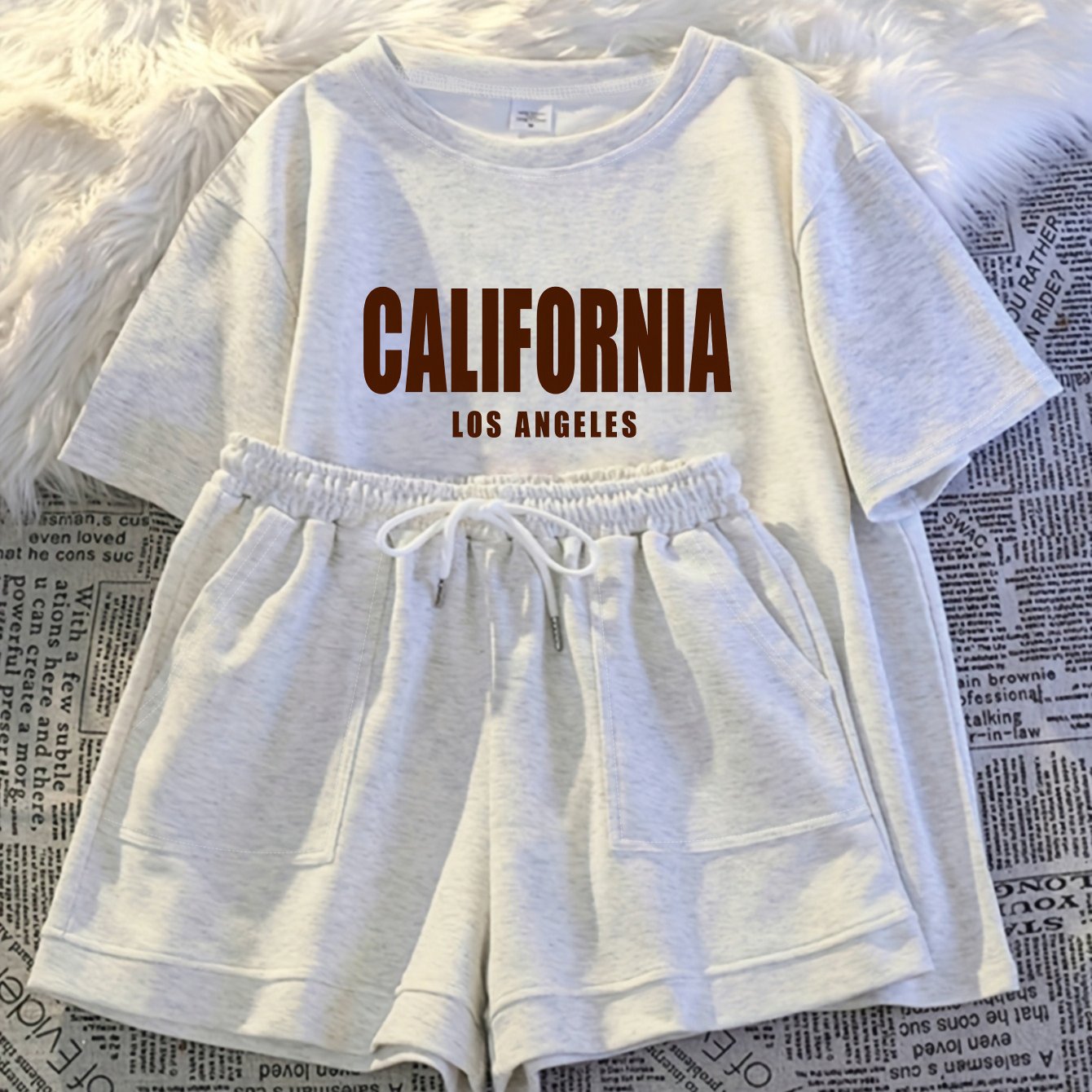 TEMU Lente/zomer eenvoudige set met T-shirt met korte mouwen en korte broek met CALIFORNIA LOS ANGELES-print, veelzijdig voor thuis en op reis
