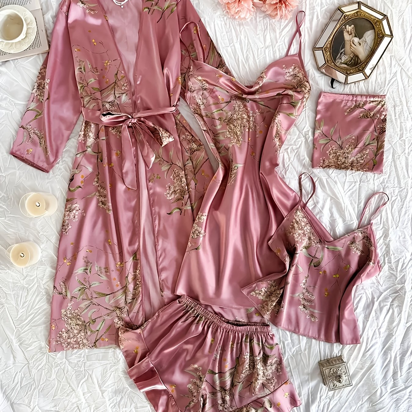 TEMU Women's Printed Pajamas Set - Set (including Robe, Short Suspender, Shorts And Skirt), Cherry Printed Pajamas, Loose, Soft And Comfortable