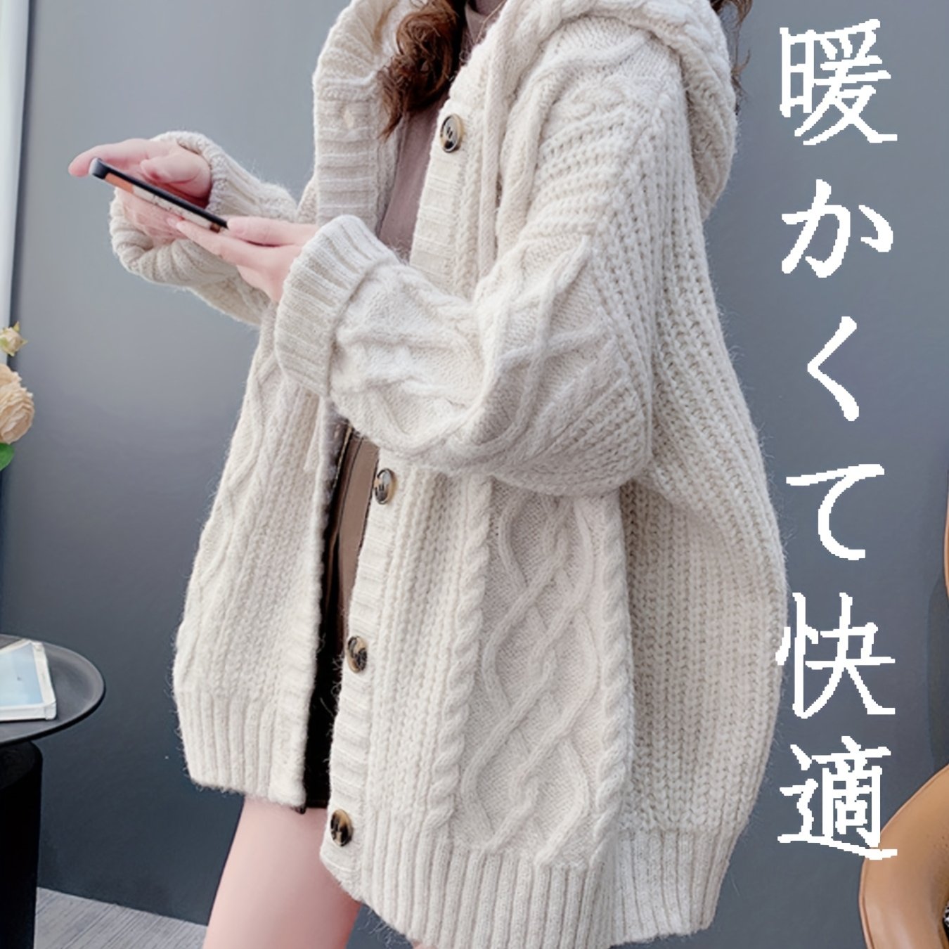 TEMU 秋冬新作レトロラジースタイルフード付き五色ミドル丈ポケットカーディガンセータートップ 新トレンド多用途トファッションセーター 新カジュアルアウトファッション通勤秋冬必須セーター レディースカーディガン