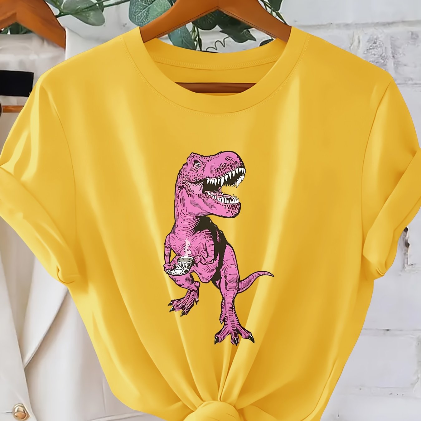 TEMU Pink Dinosaur Holding Teacup Print Women's T-shirt | Cute Contrast Moe Style Short Sleeve | Fun Casual Top | 2026 Style Clothing | Elegant Party