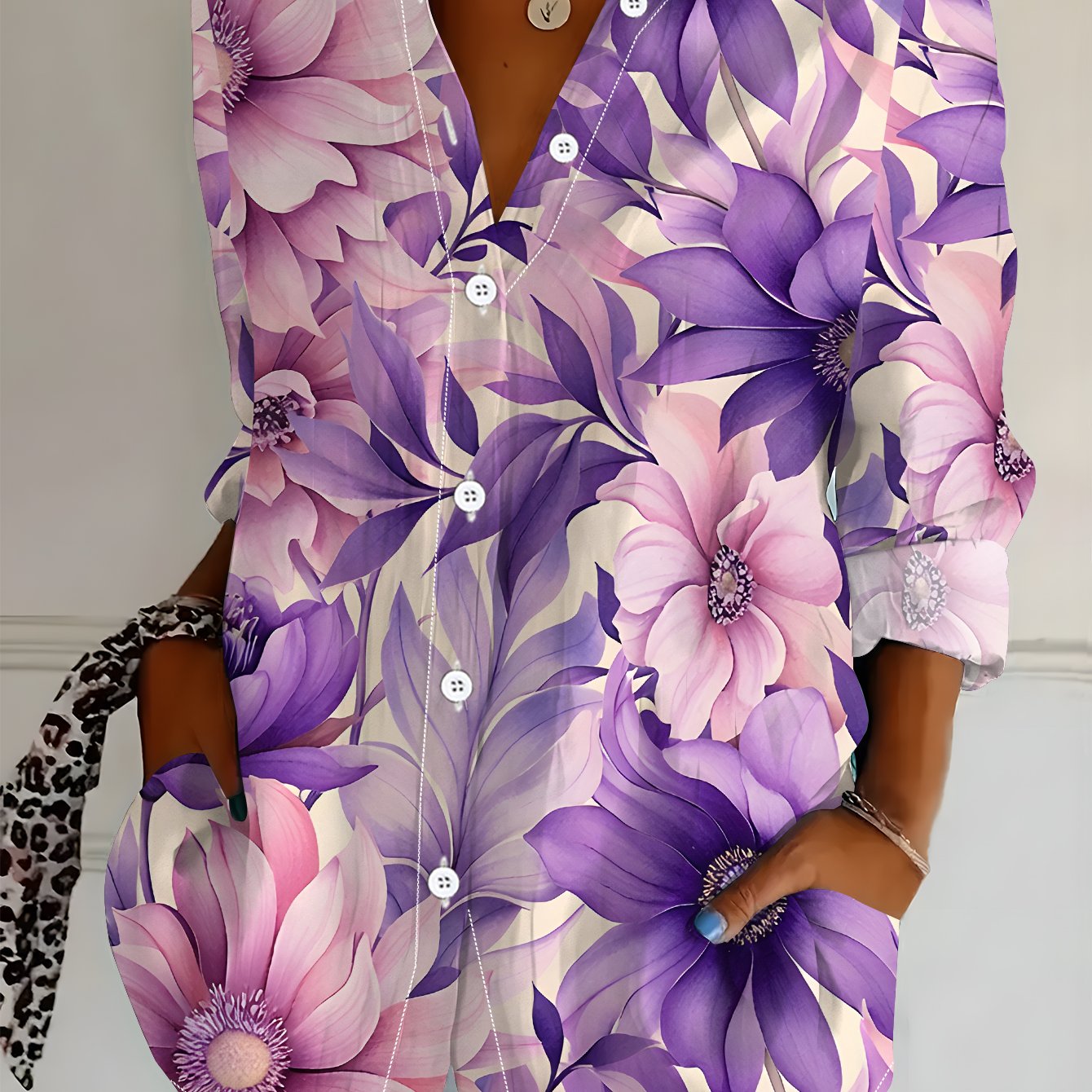 TEMU Plus Size Women's Long Sleeve Shirt Floral Print Loose Printed Shirt Soft Pink Purple Flower Mid-length Women's Long Sleeve Lapel Shirt Soft