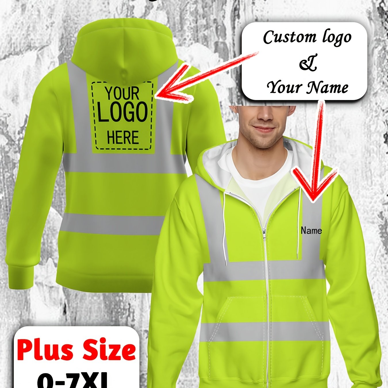 TEMU Custom Plus Size Men's Zip-up Hoodie - Personalized Text/logo, 100% Polyester, Machine Washable, Slightly Stretchy, Regular Fit, Style, Suitable