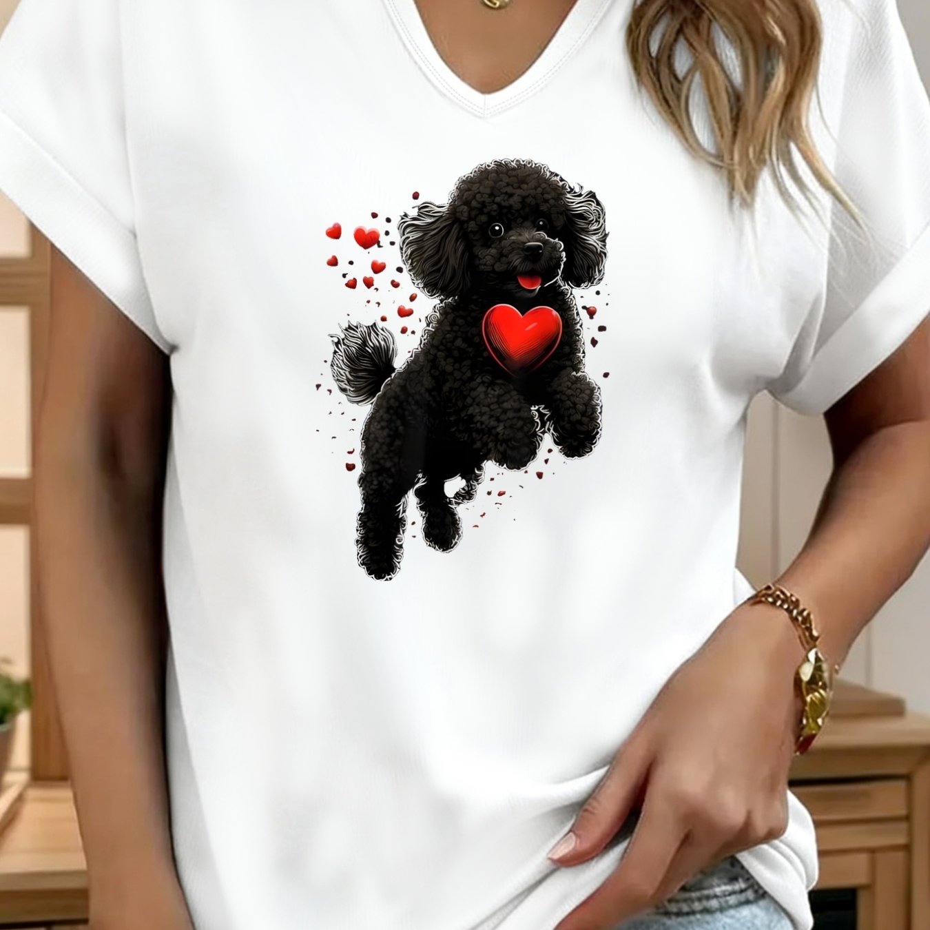 TEMU Black V-neck Short-sleeve T-shirt Featuring A Poodle And Heart Pattern, A Stylish Summer Top For Women With A And Pleated Short Sleeves