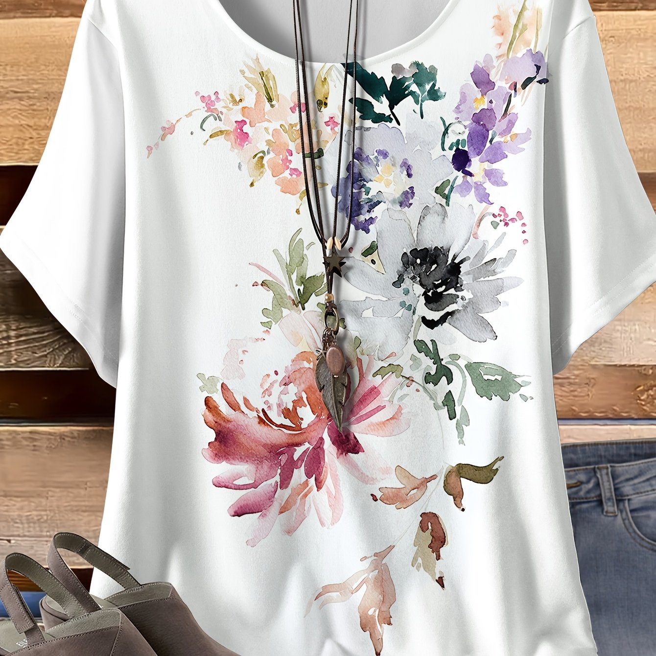 TEMU Women's Plus Size Floral All- Short Sleeve T-shirt - Soft Breathable Fabric, Relaxed Fit Round Neck Casual Top For Casual Attire, Hand Wash Only