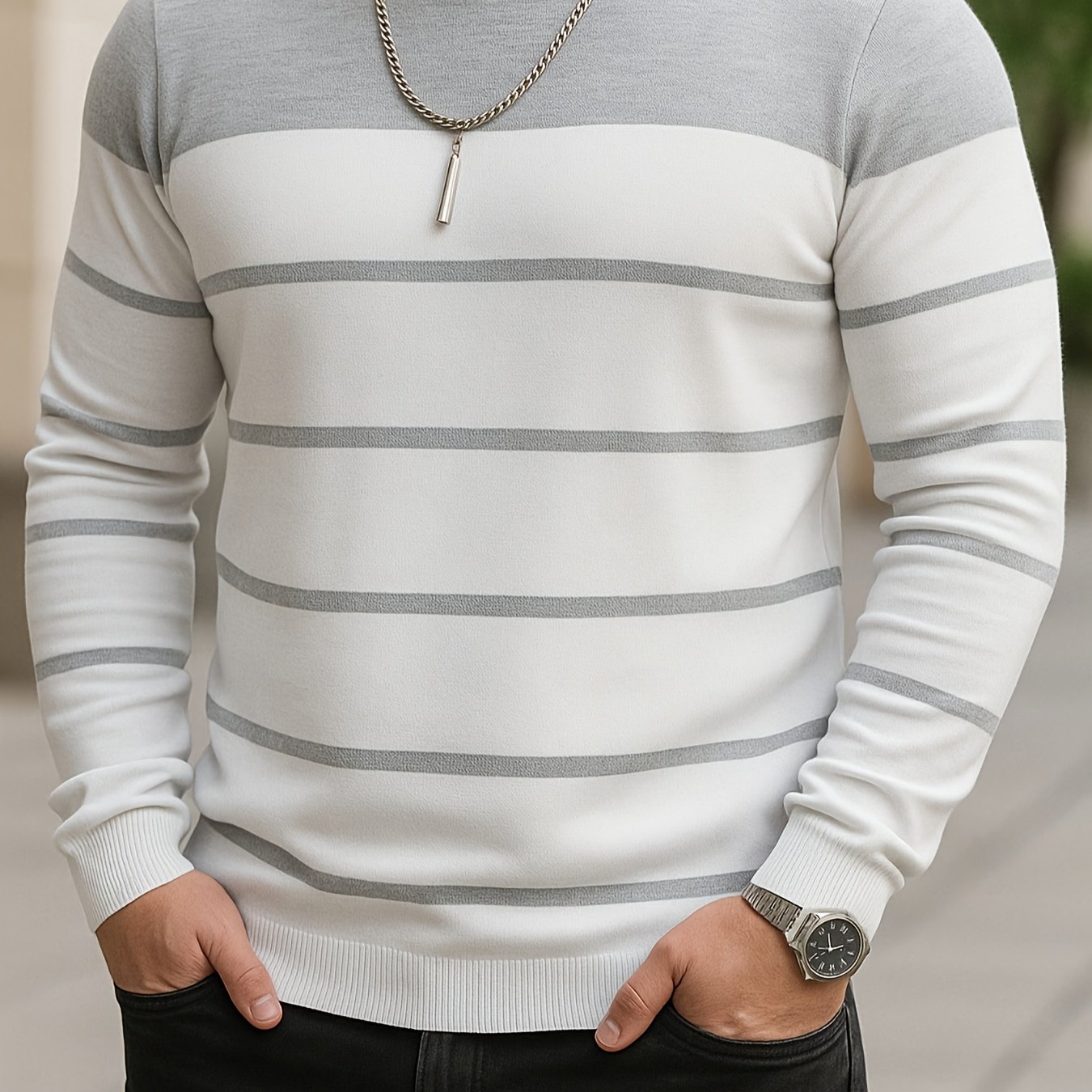 Image of Spring/autumn -fit Fashionable Striped Crew Neck Long Sleeve Knit Sweater, Business Casual , Men's Long Sleeve Pullover
